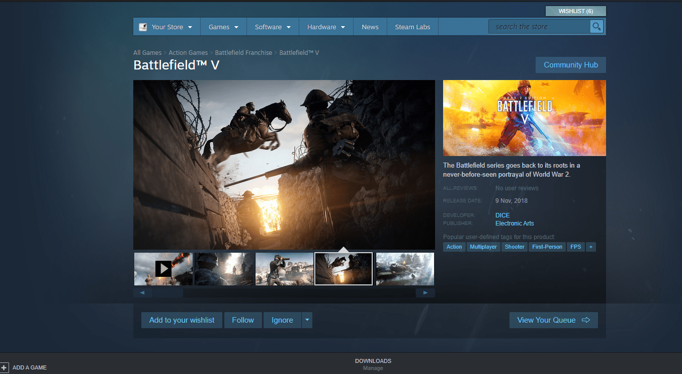 The BFV page on Steam shows art from BF1 BattlefieldV