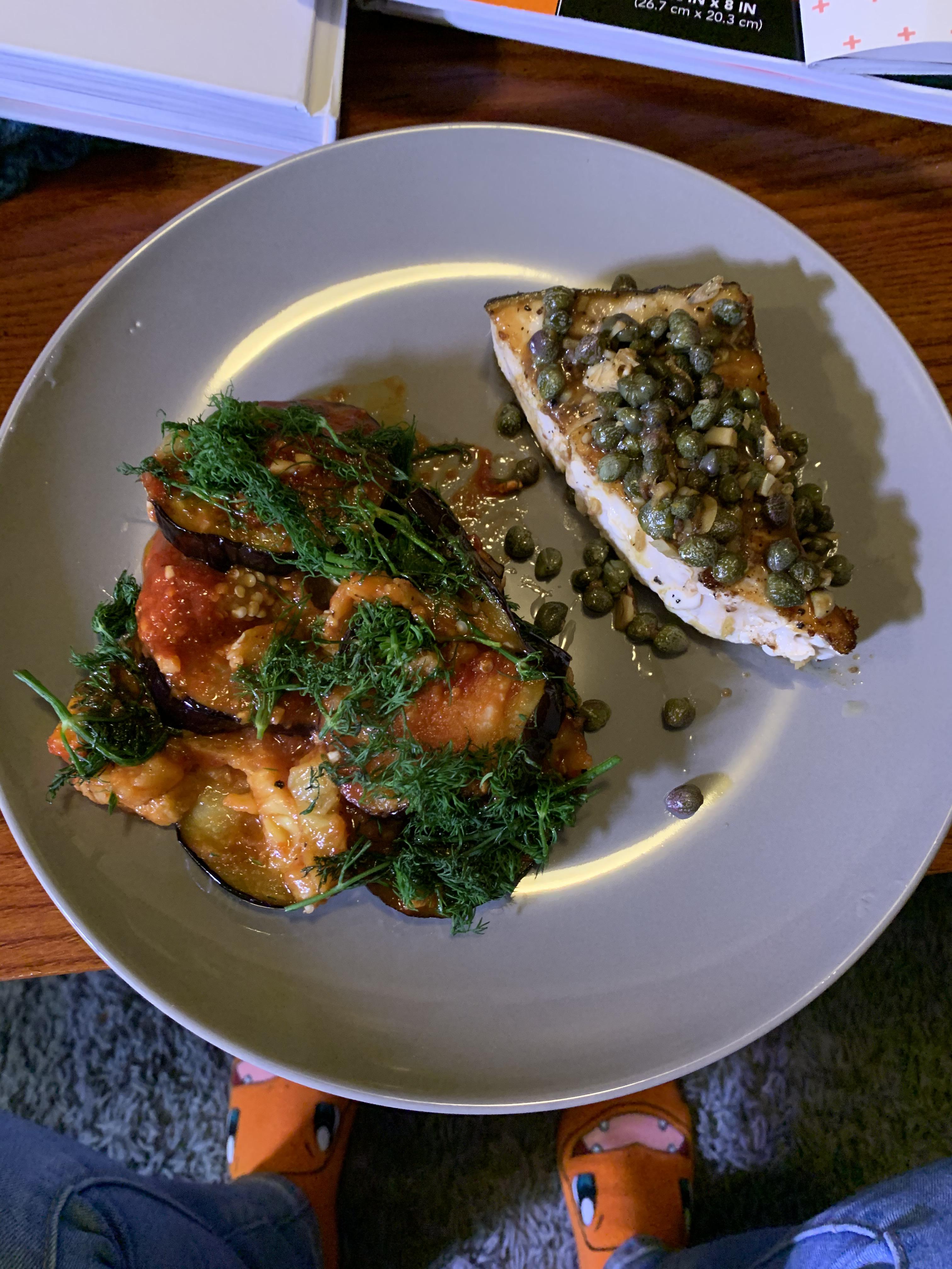 [Homemade] swordfish with capers and harissa dill eggplant r/food