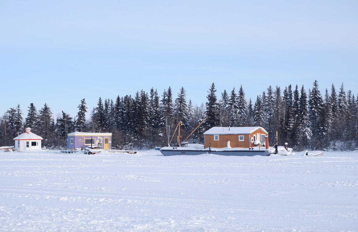 Houseboat bay in Yellowknife, Canada the houses are all boats or on