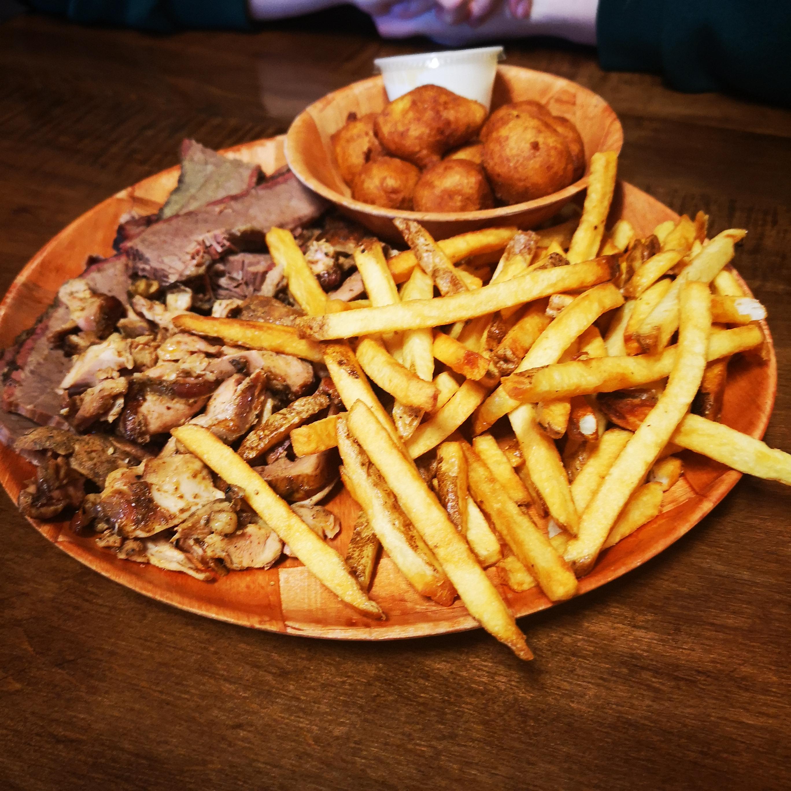 [I ATE] Pulled Pork With Brisket, French Fries, and Hush Puppies. r/food