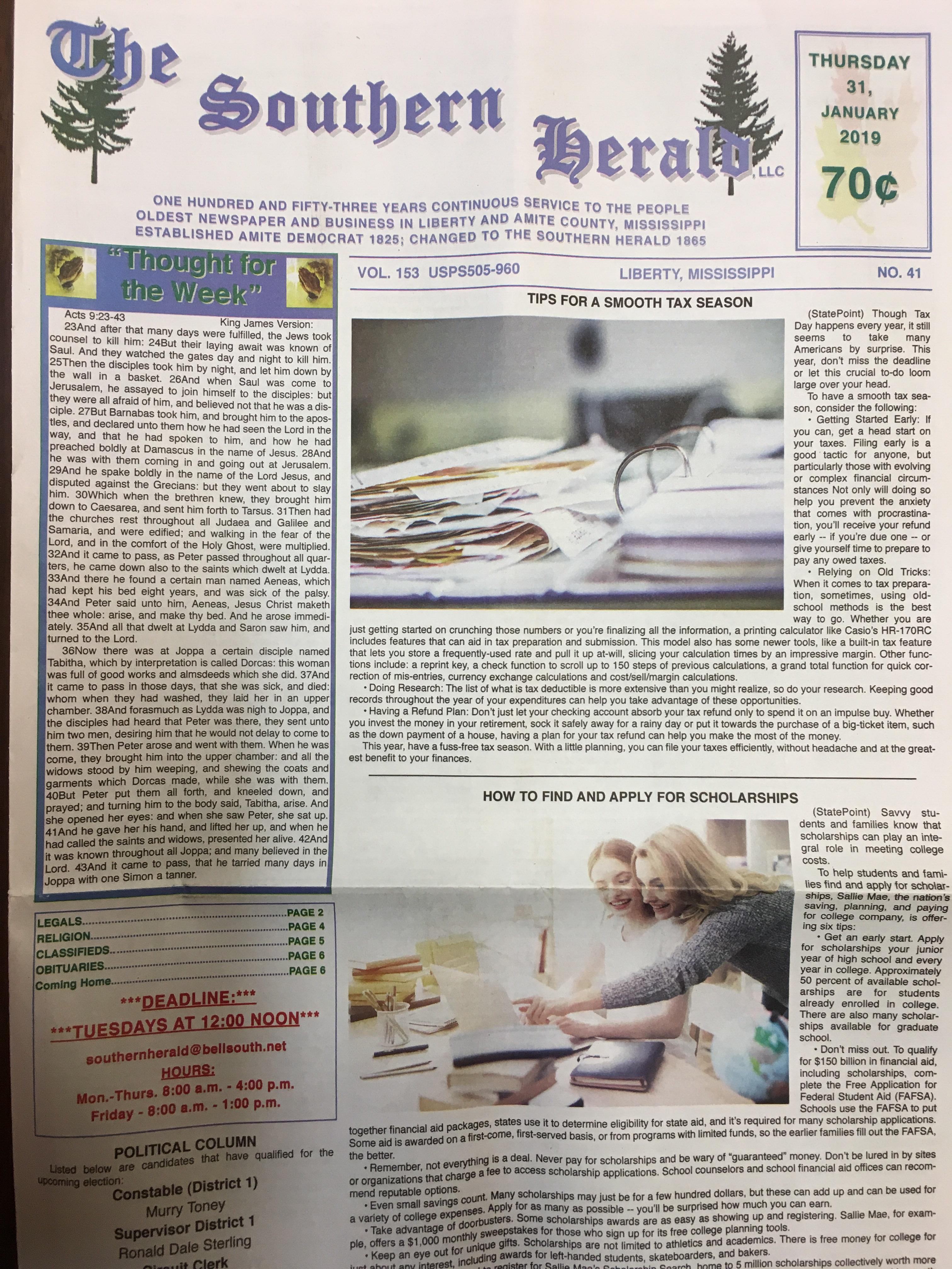 (Liberty, MS) This was my hometown newspaper’s front page this week. We