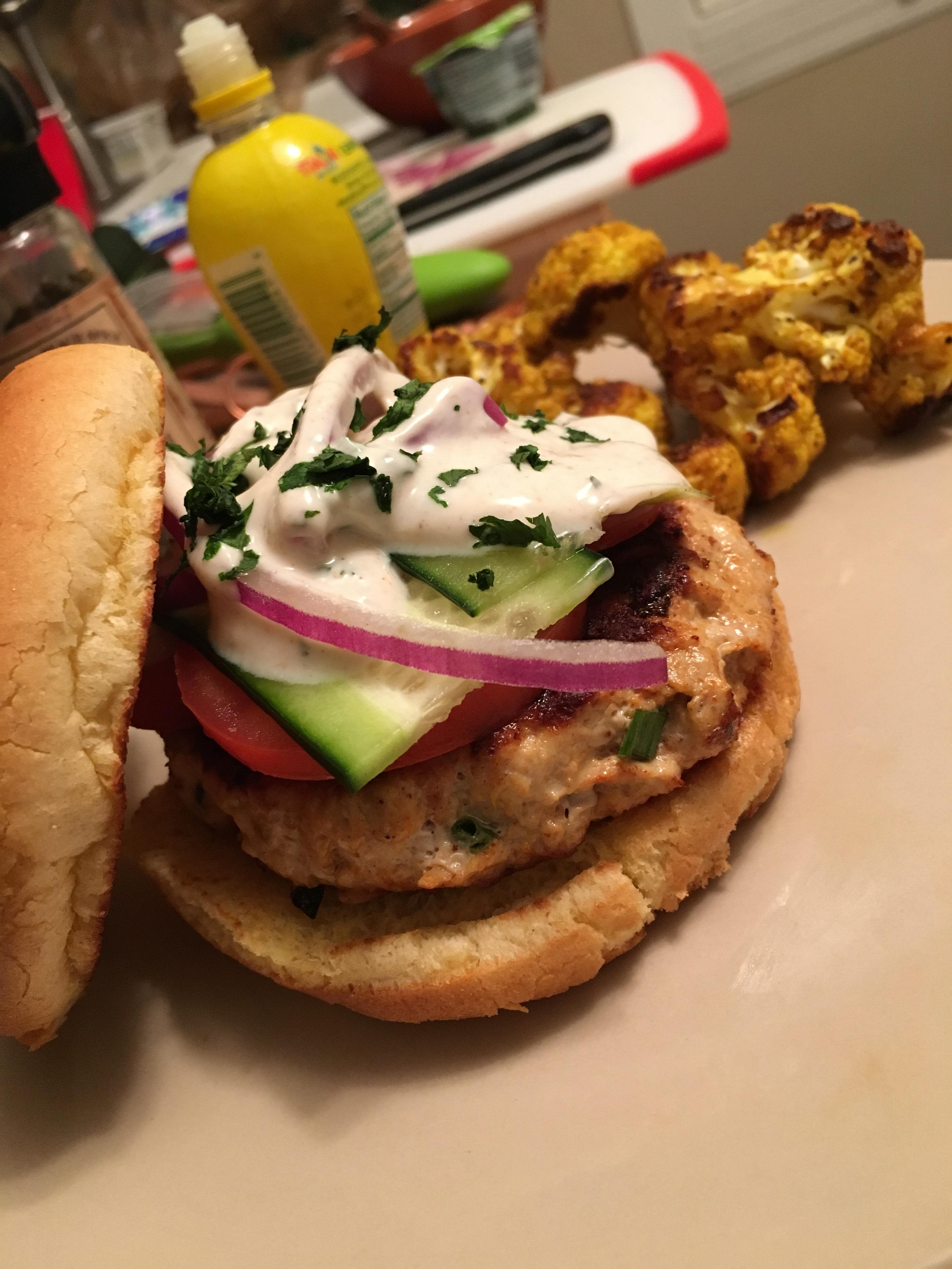 [homemade] tandoori spiced chicken burger with yogurt mint sauce and