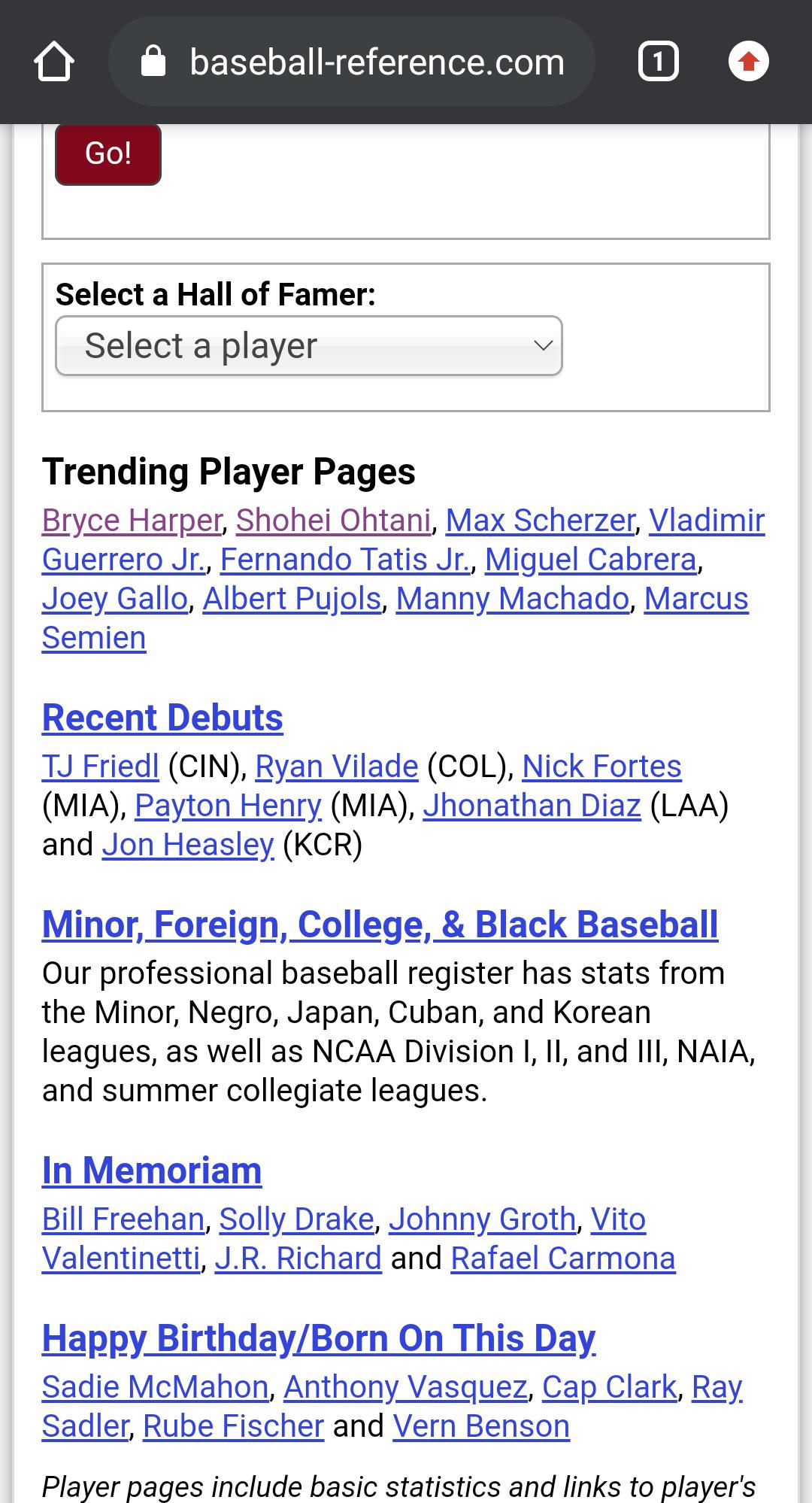 Harper seems to have the best trending page on Baseball Reference. More