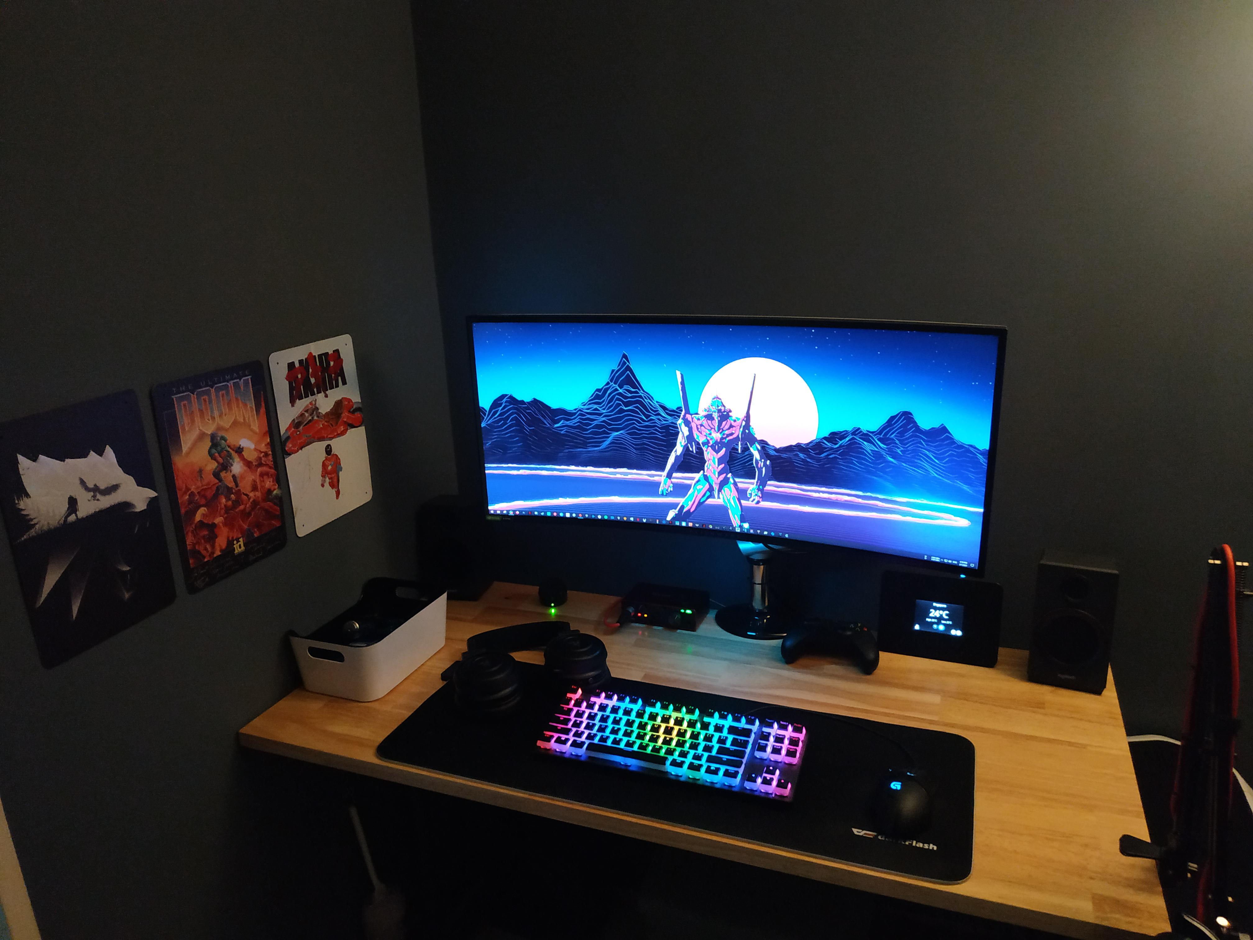 Out with the linnmon, in with the solid wood desk, and monitor mounted