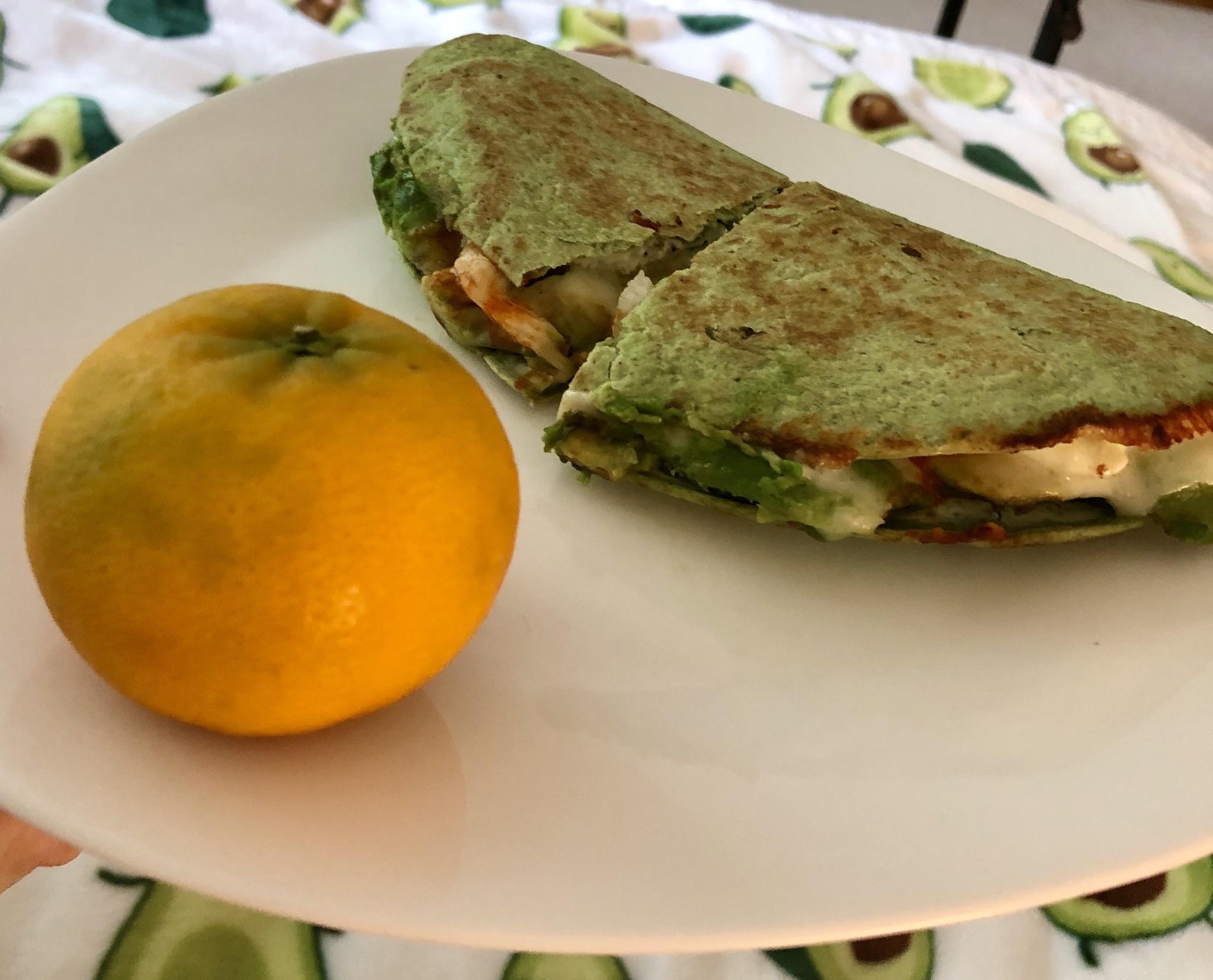 Spinach tortilla, egg whites, provolone, parmesan, avocado, green