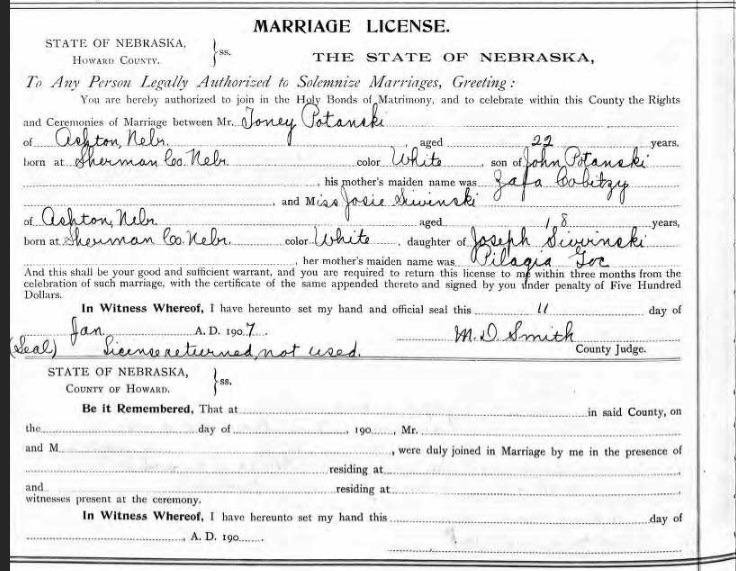 State of Nebraska Marriage License, early 1900s, from a couple, that in