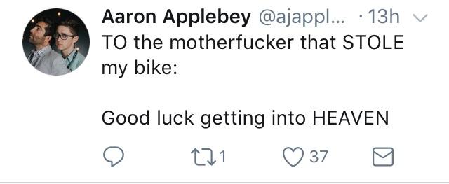 I was sad to have my bike stolen, but I guess whoever stole my bike is