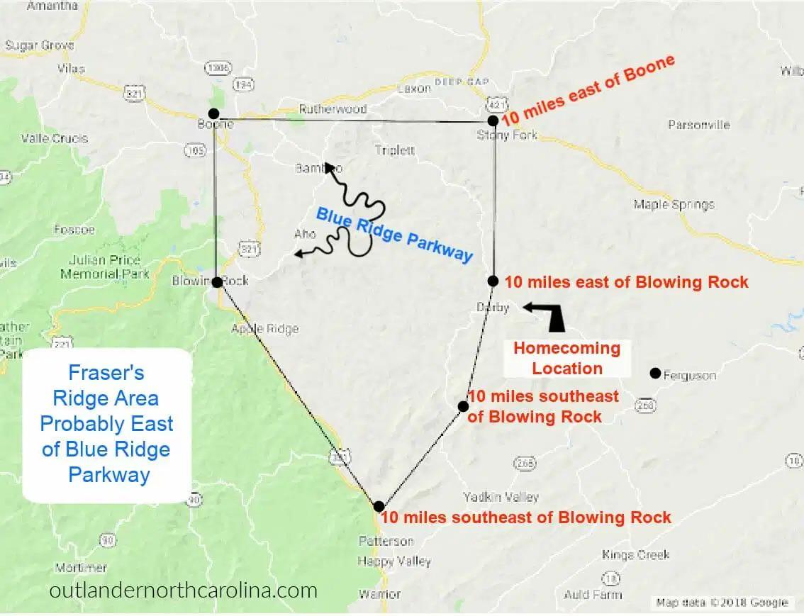 I found this pretty good map of where Frasers Ridge would likely be if