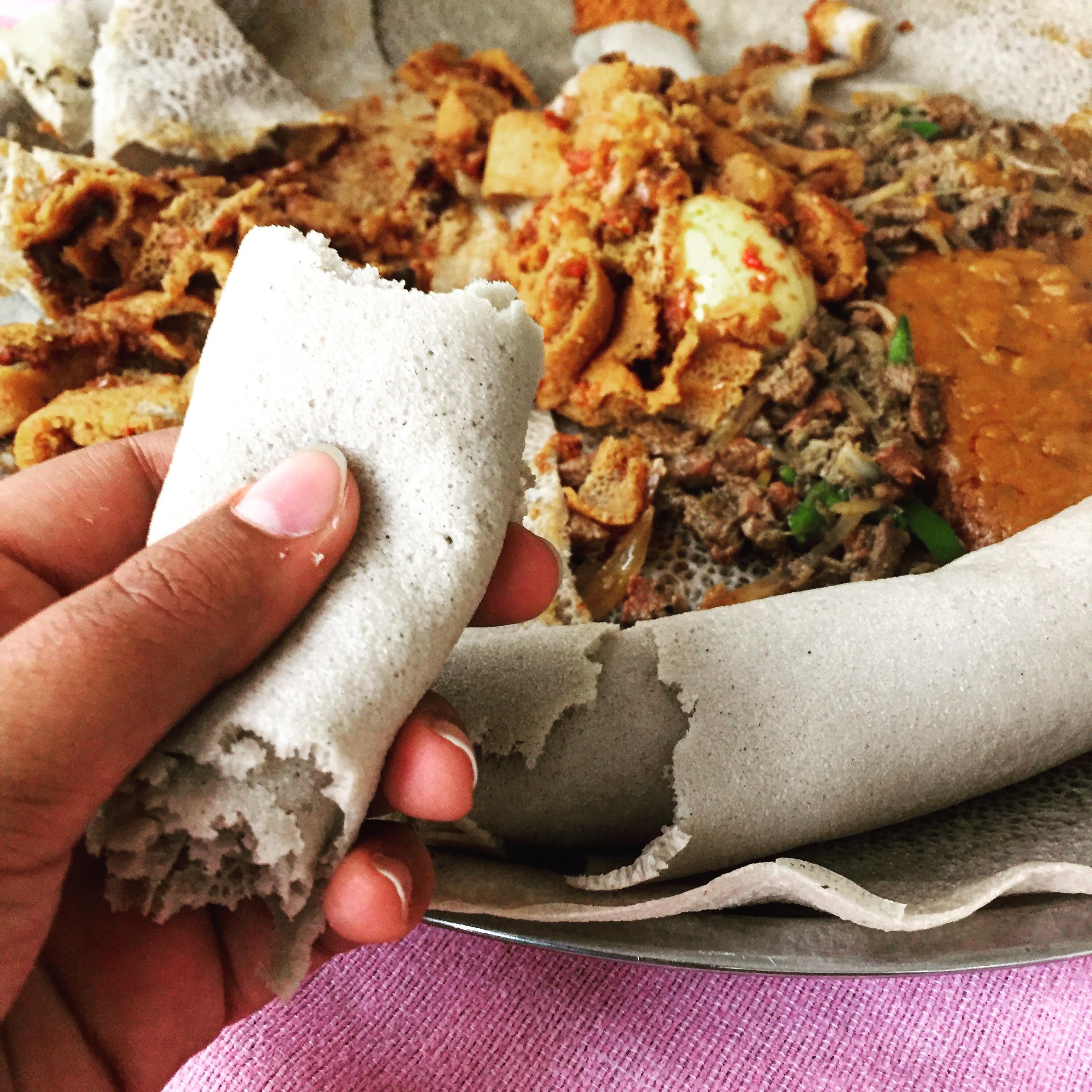 [I Ate] Traditional Ethiopian food Tibbes, Bozena Shiro, Firfir, and