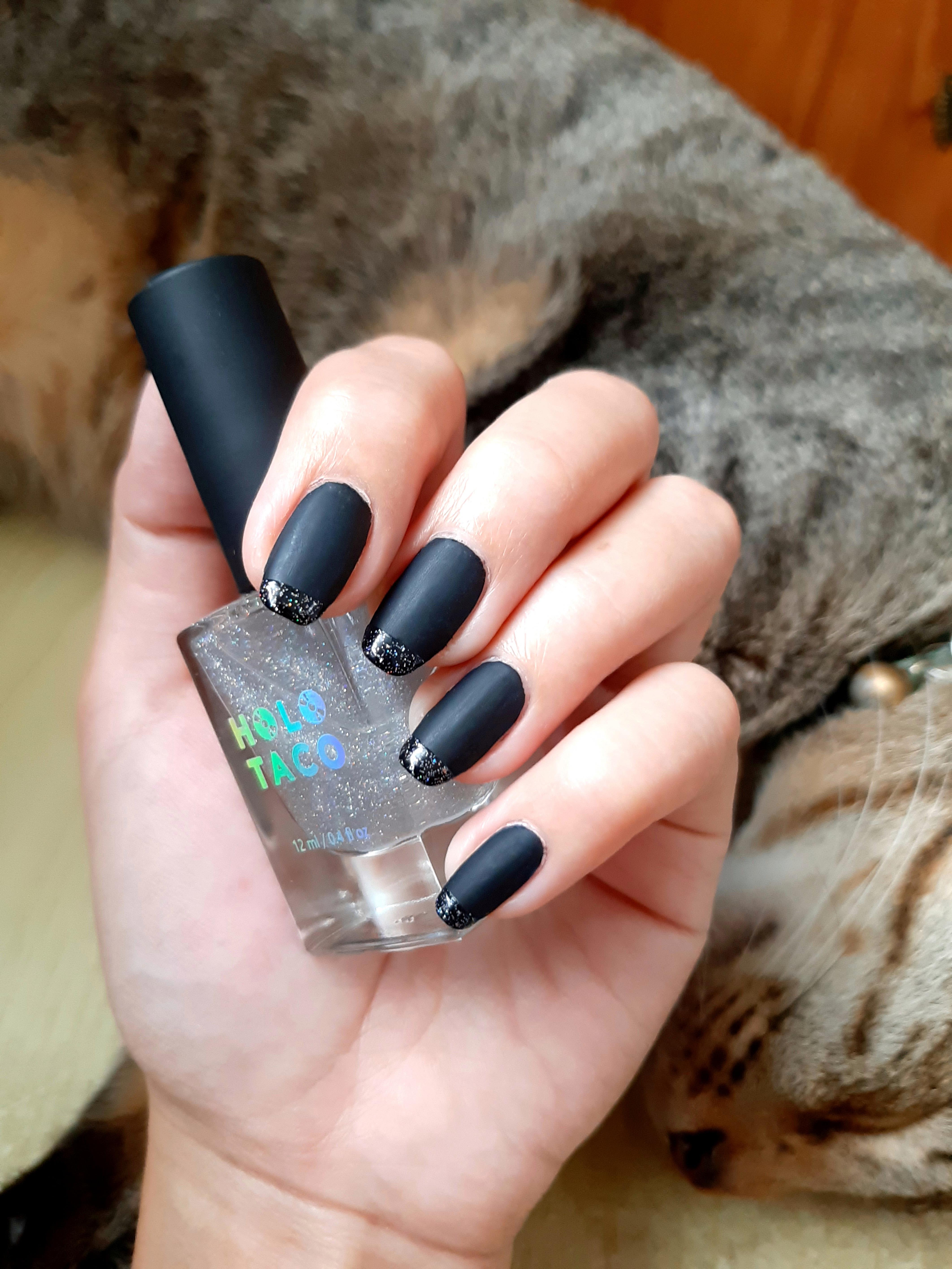 Matte black with glossy holo taco tips r/RedditLaqueristas