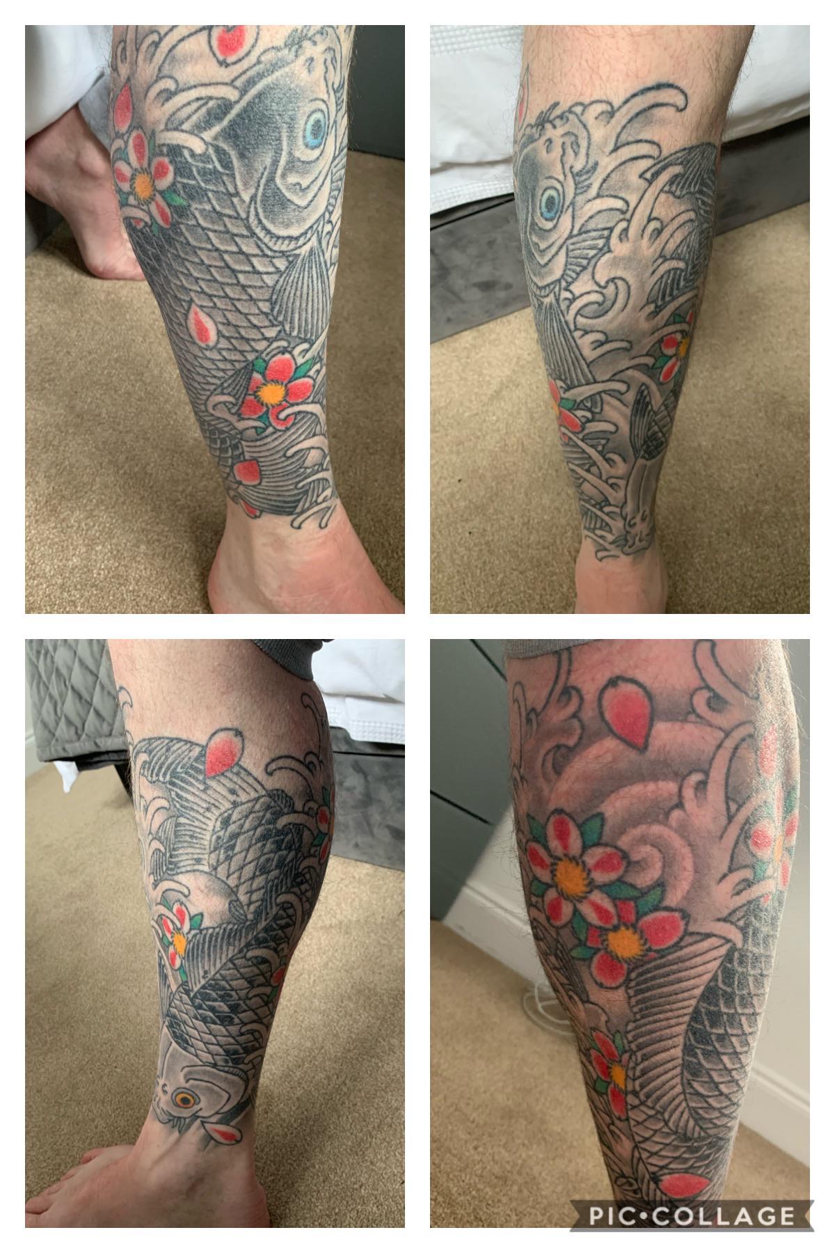 Right lower leg by Steven at irezumi Glasgow, 30 months
