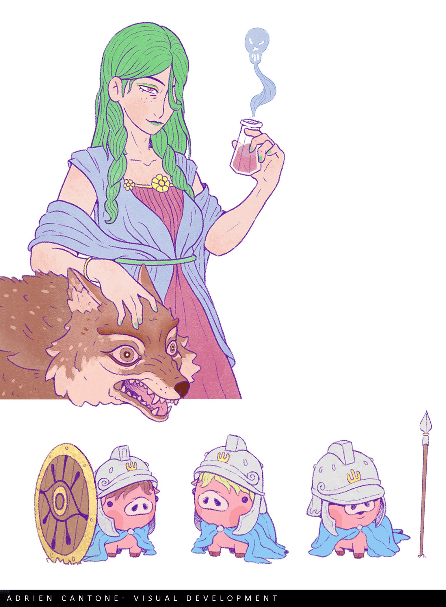 Circe and Odysseus' crew transformed into pigs by Adrien Cantone r