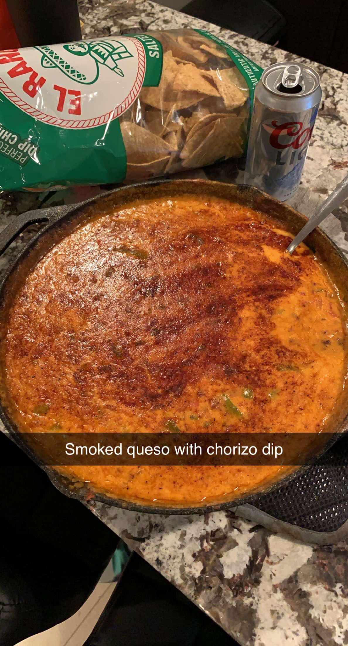 Smoked queso with Chorizo on the Traeger. Used Kosmo’s Honey Chipotle