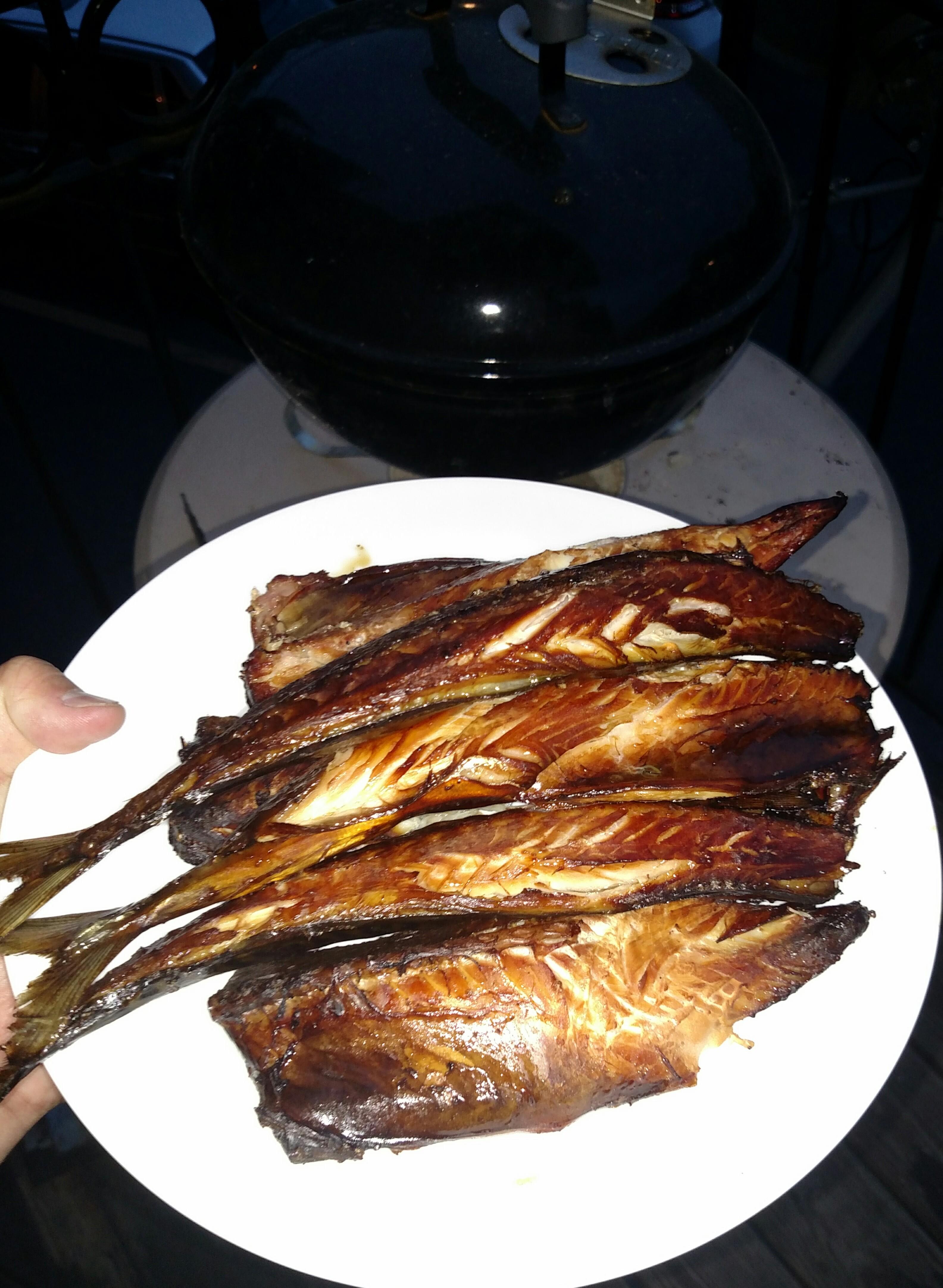 Spanish mackerel smoked for 1.5hrs in hickory using 14" table top weber