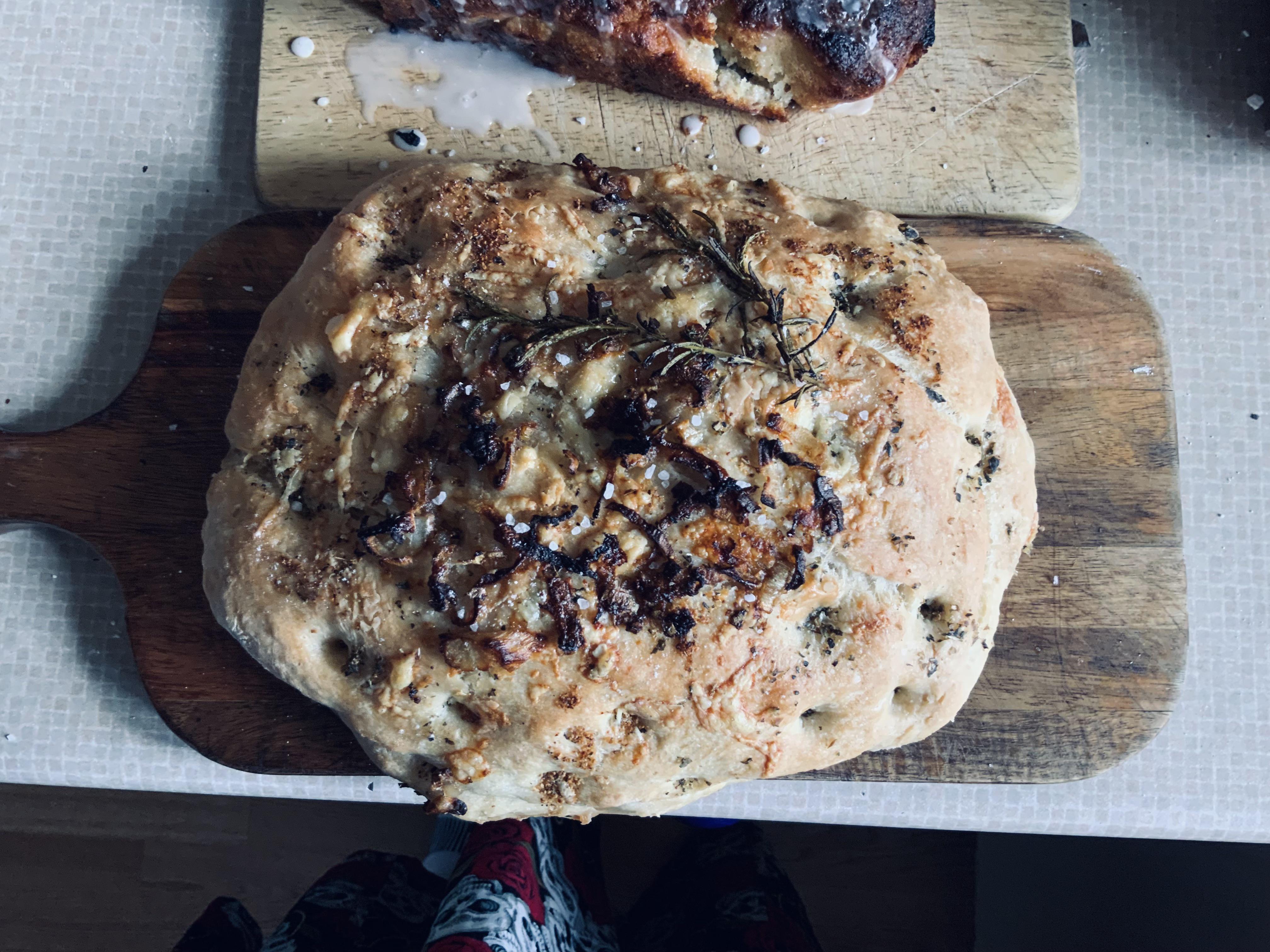 Homemade focaccia spinoff, with scallions,cheddar, Parmesan and garlic