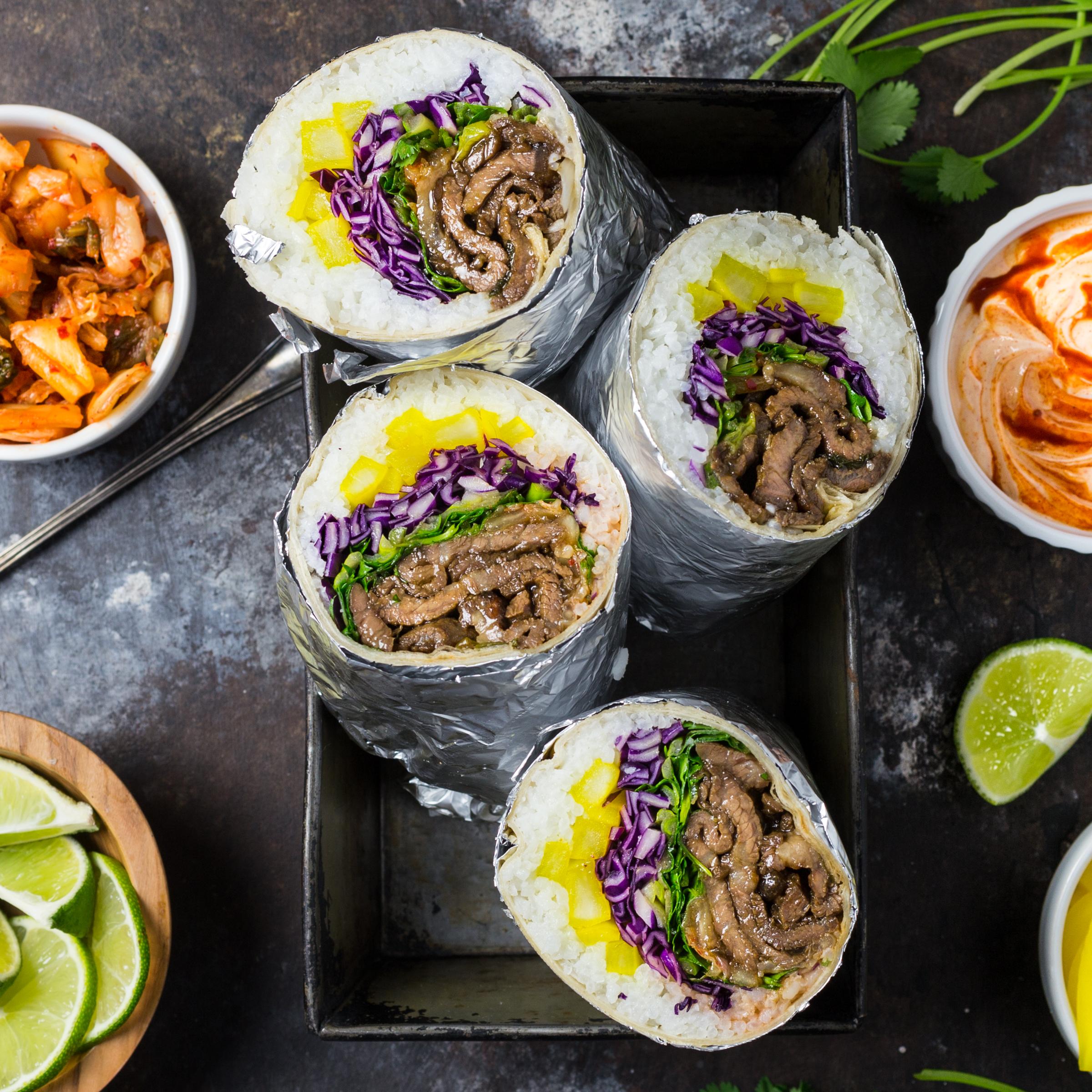 Korean Bulgogi Burritos with homemade Danmuji (pickled daikon radish