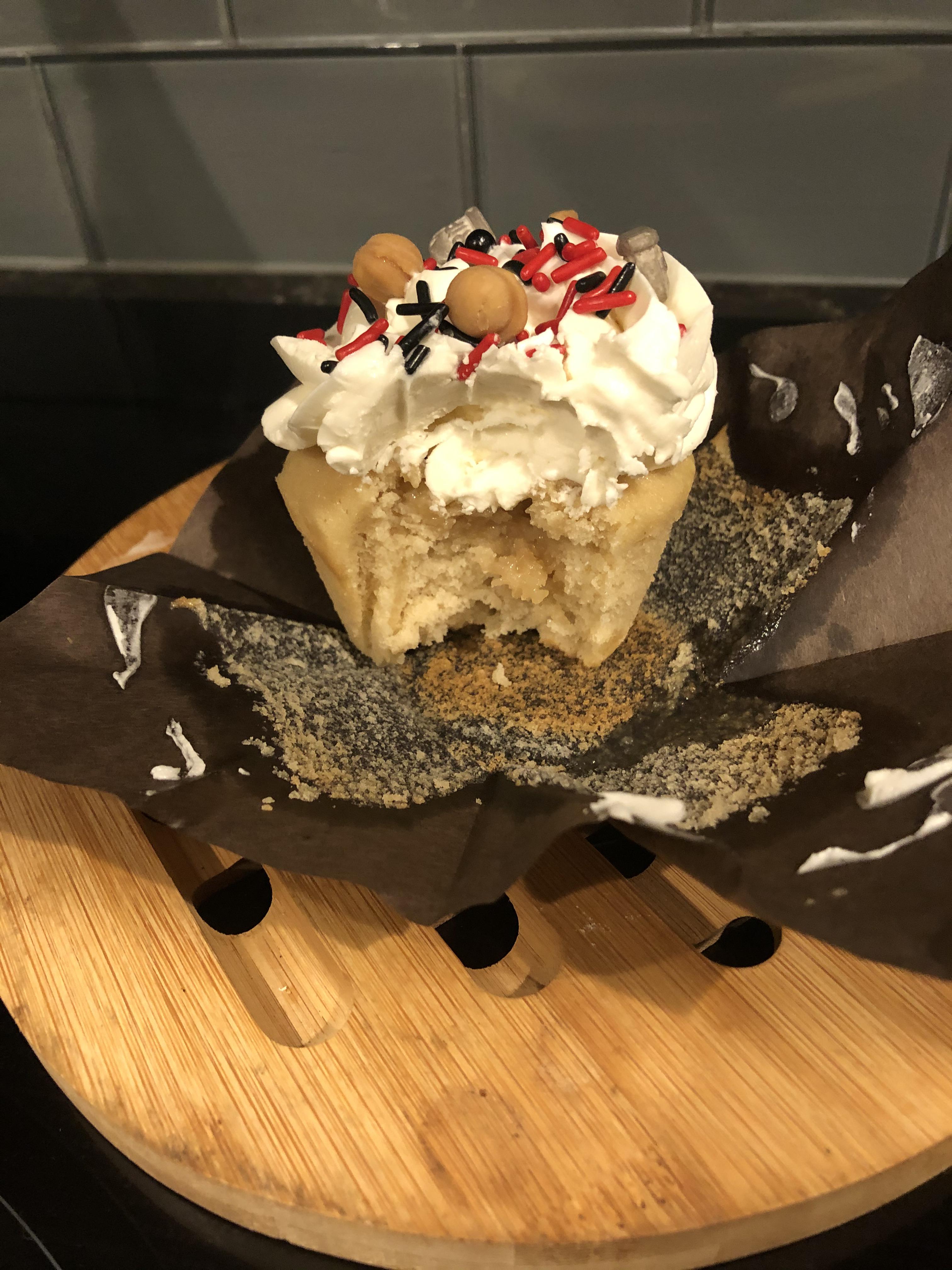 Salted Carmel cupcake with Carmel sauce in the middle and Swiss