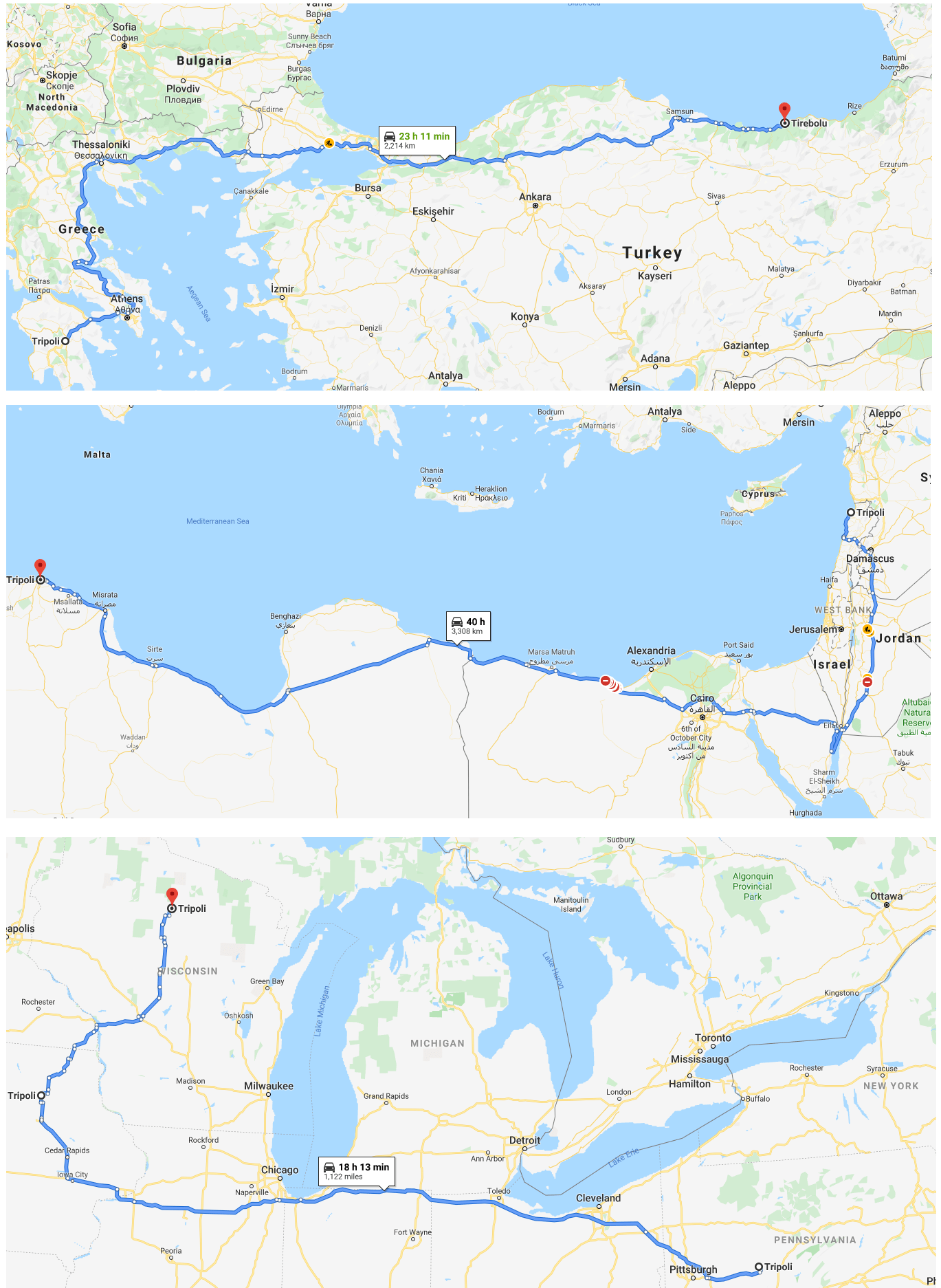 Three routes Tripoli to Tripoli (23 hours); Tripoli to Tripoli (40