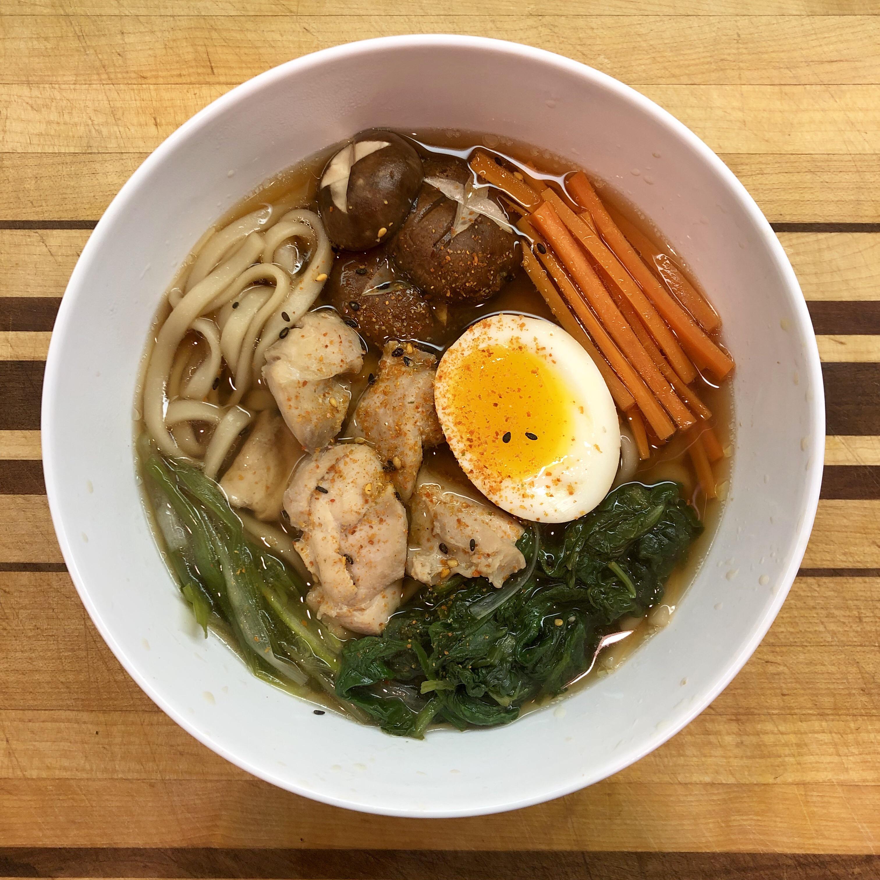 Plated nabe style Japanese hot pot soup. The egg is 6m45s boiled from