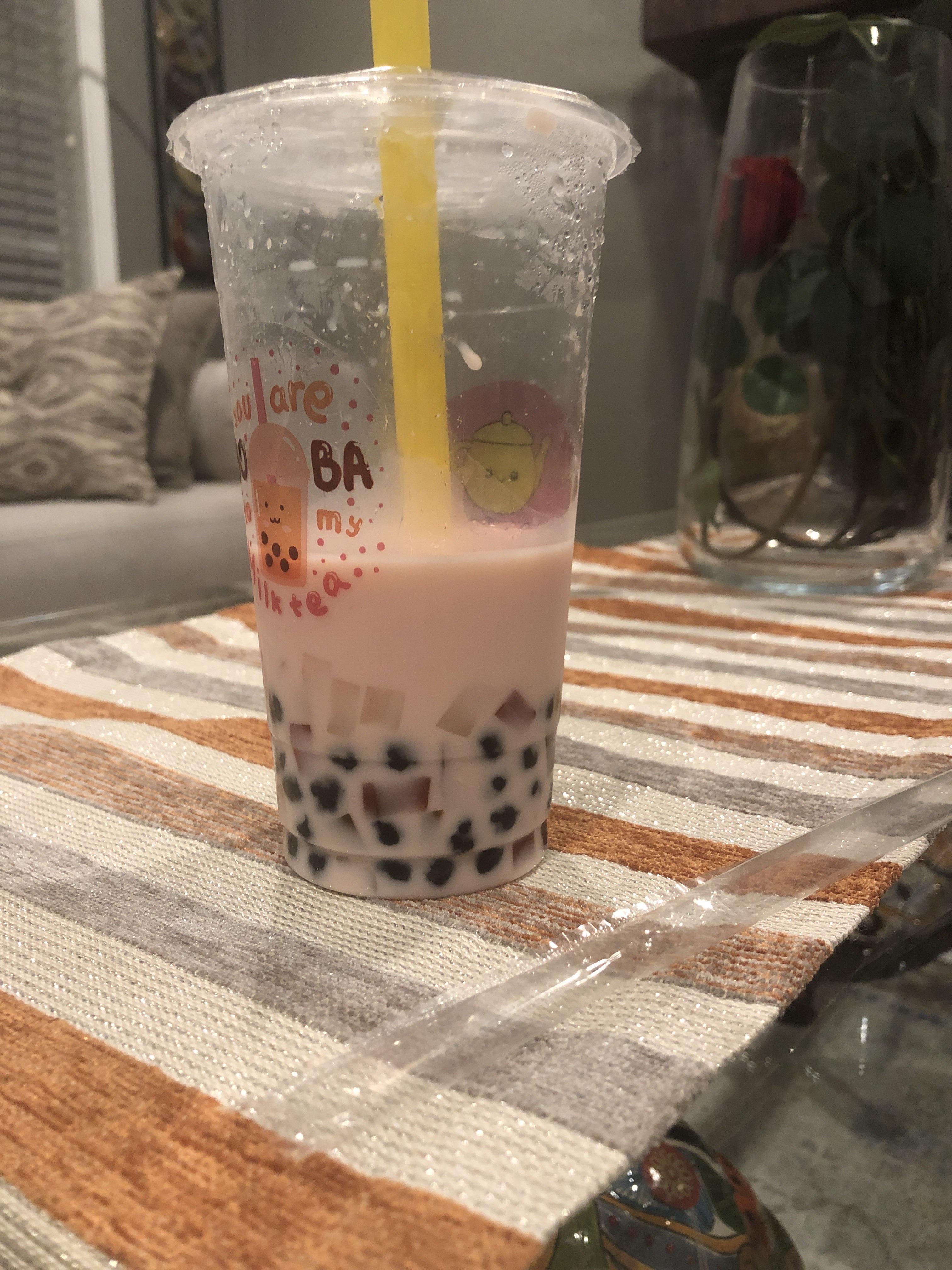 FLAWLESS (rose milk tea with boba pearls, also don’t mind that it’s