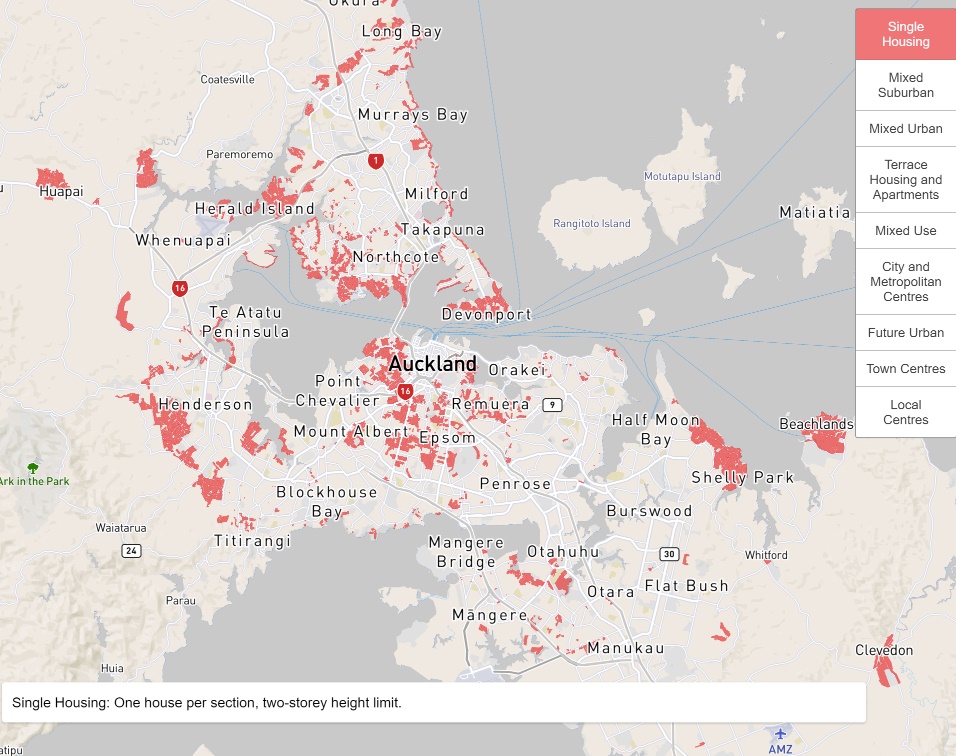 [picture] The distribution of Auckland's sparsest/lowest "Single Housing" zone says a lot about