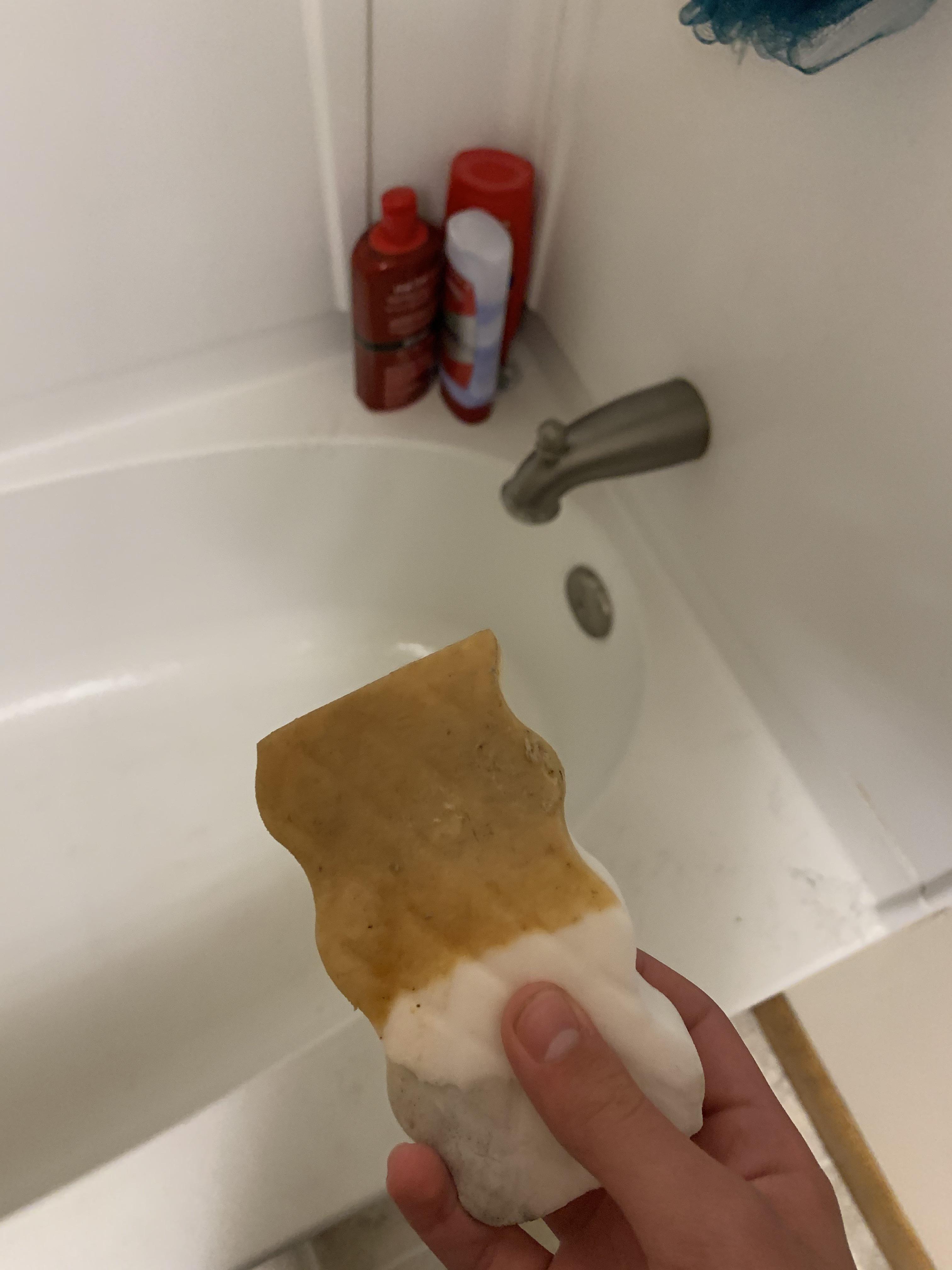 A Mr Clean magic eraser after cleaning a bathtub that my kitten pisses