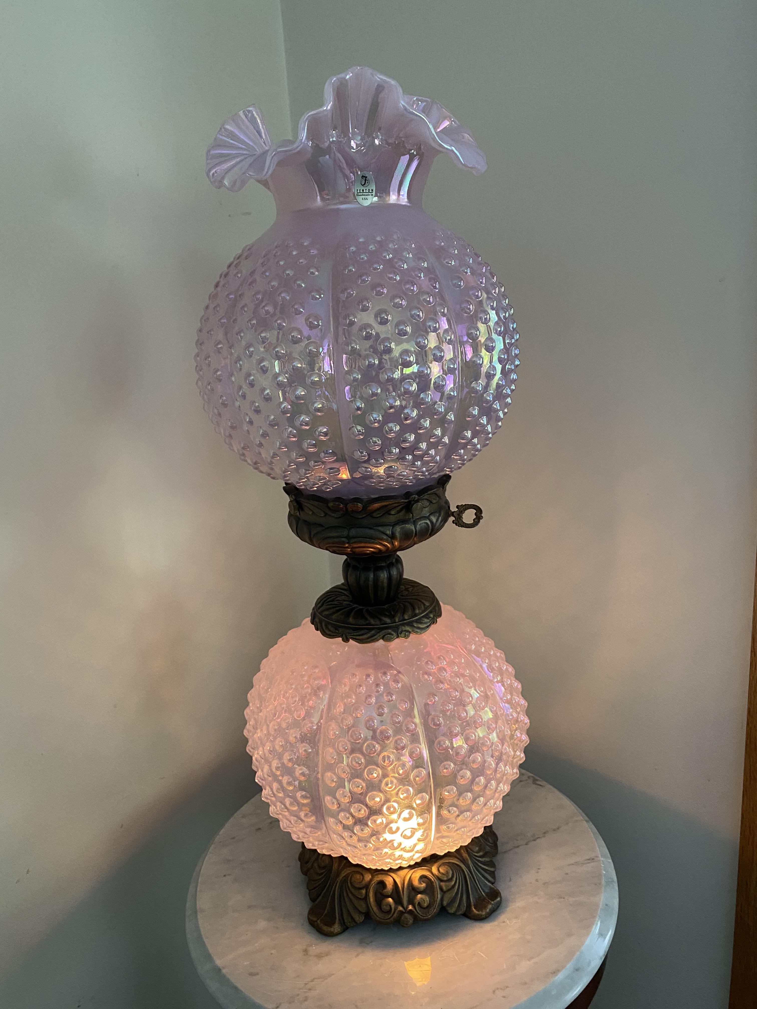 Vintage Fenton Opalescent Pink Chiffon Hobnail Table Lamp r