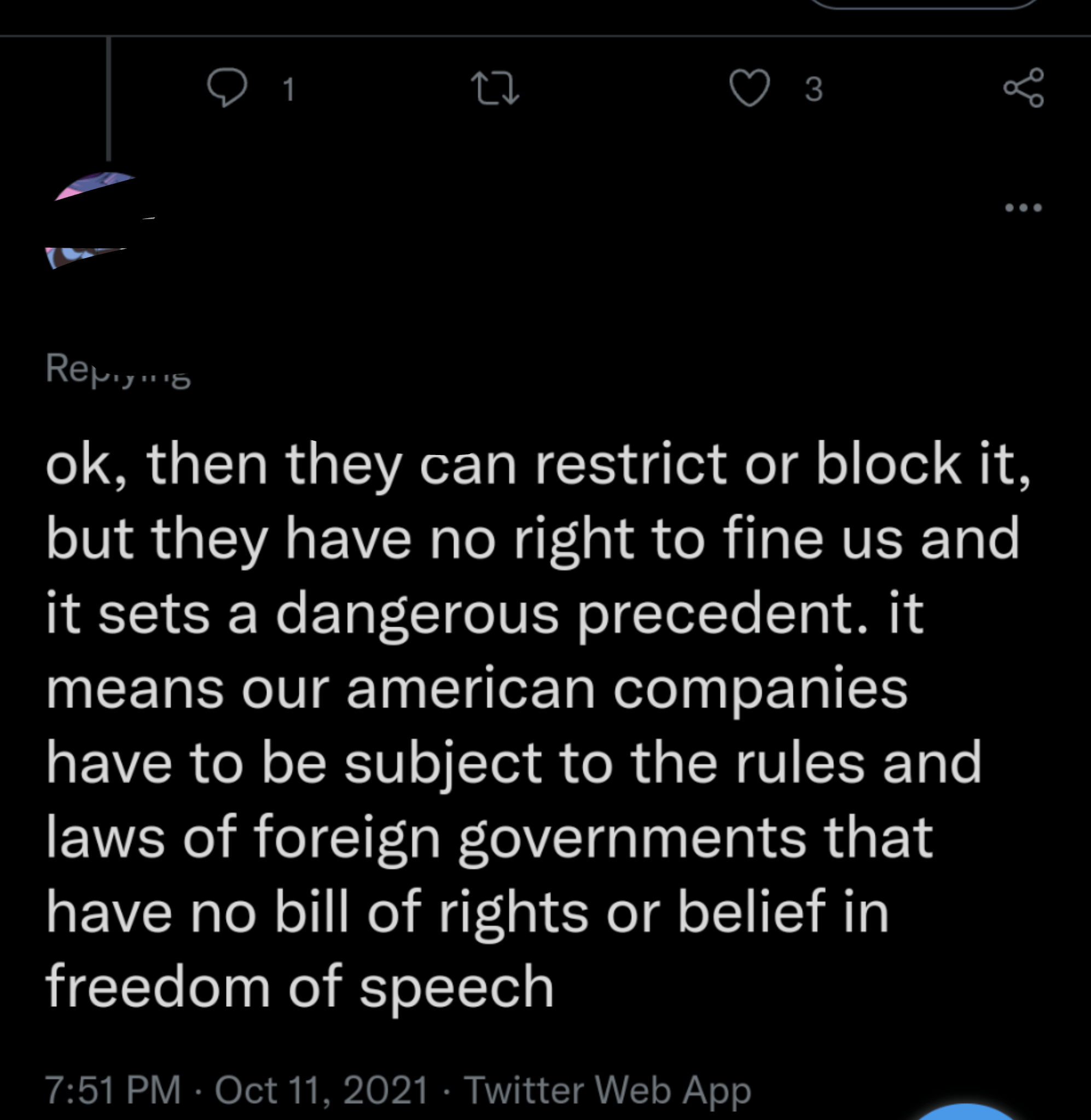 "It means our American companies have to be subject to the rules and