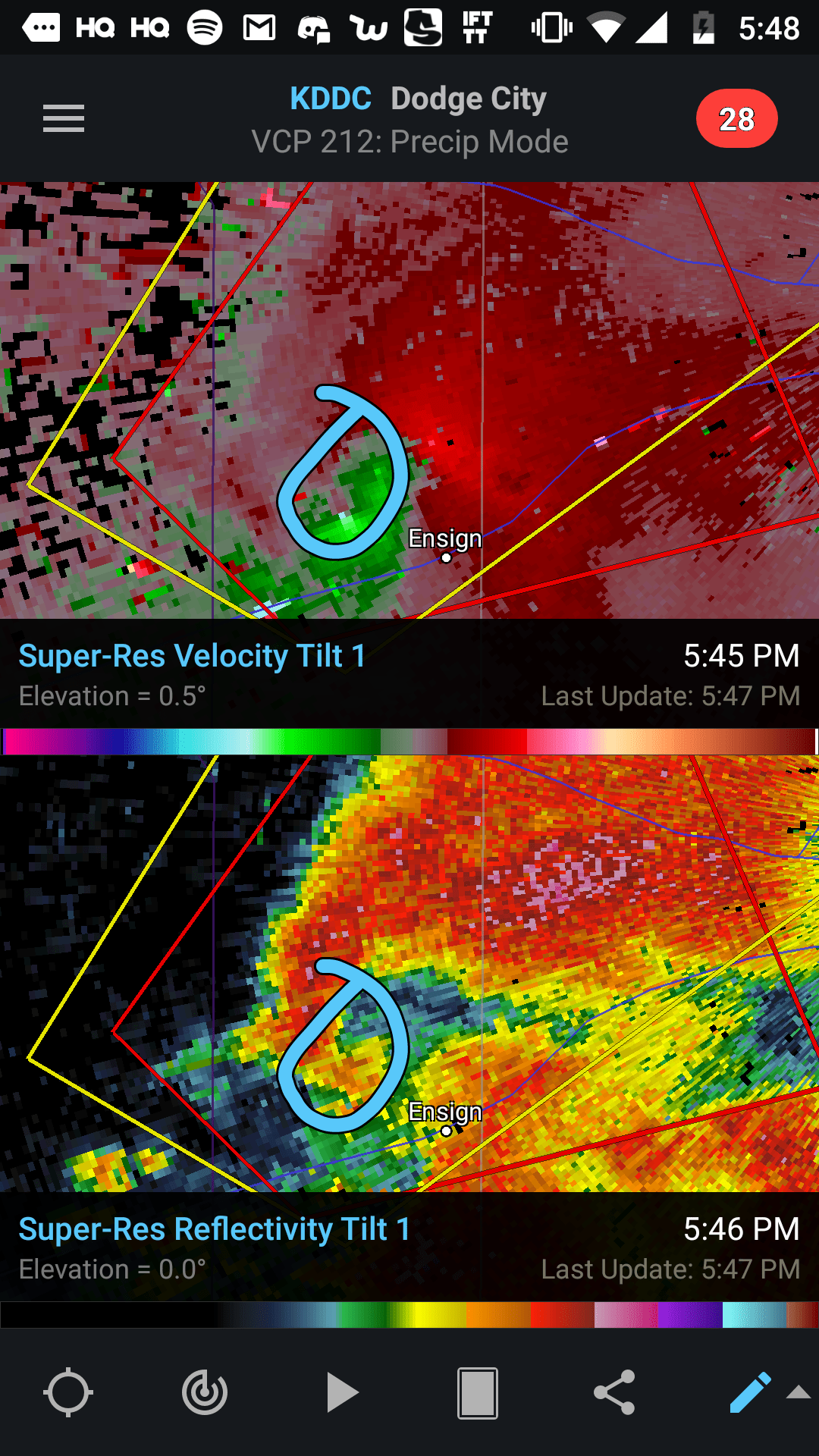 Very pronounced hook echo tornado near Ensign, KS r/weather
