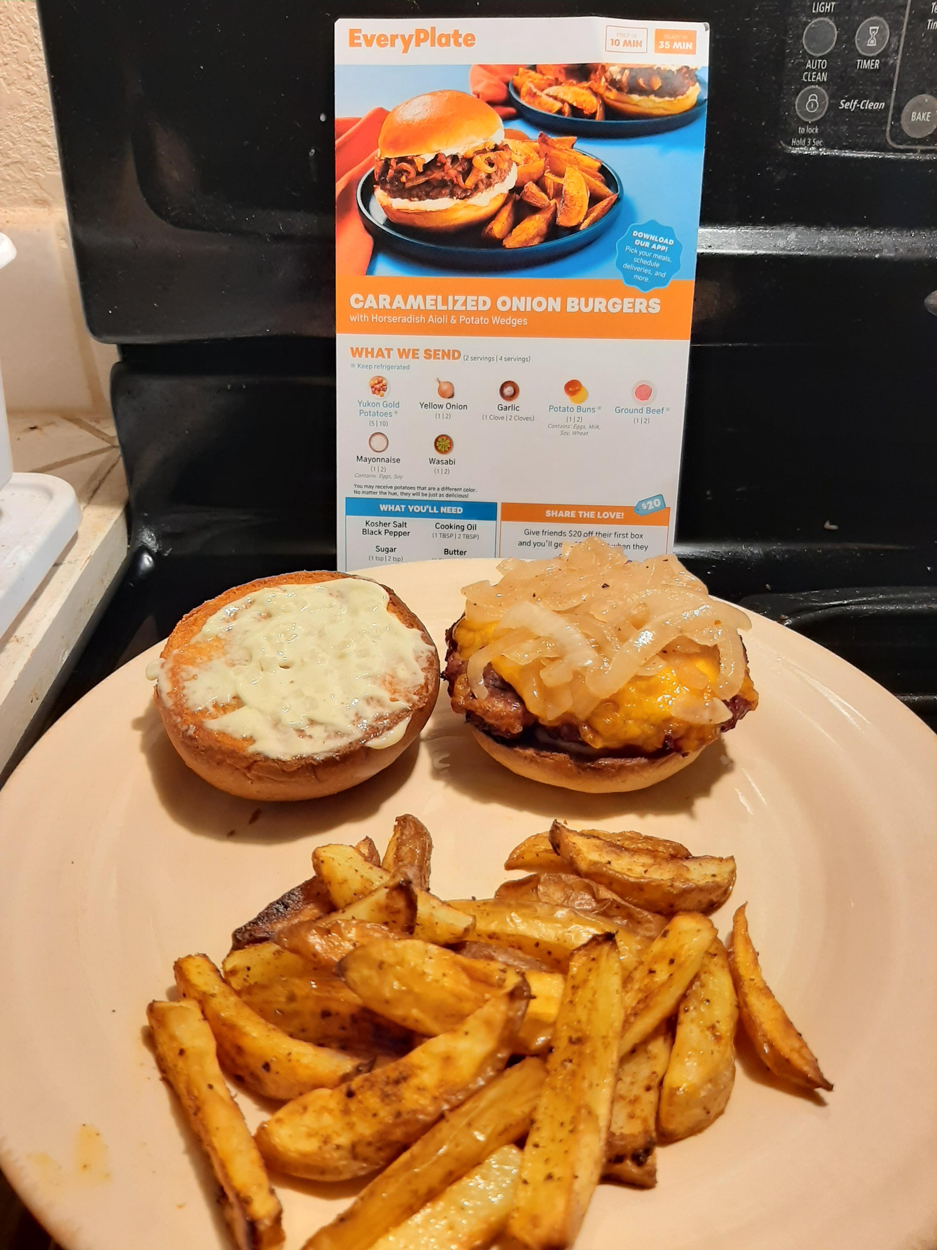 Caramelized Onion Burgers with Horseradish Aioli & Potato Wedges r/everyplate