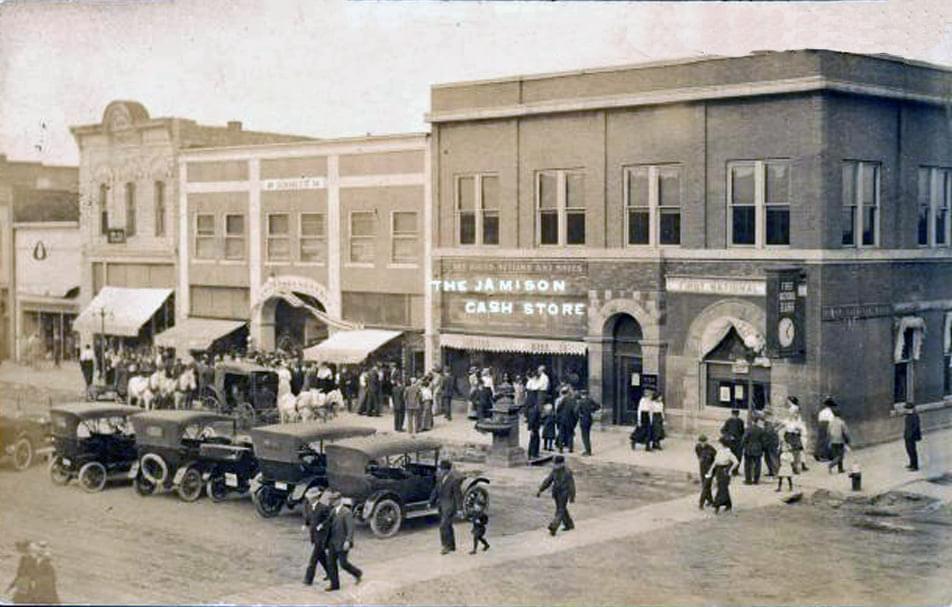 The Jamison Cash Store, next to First National Bank, on the right