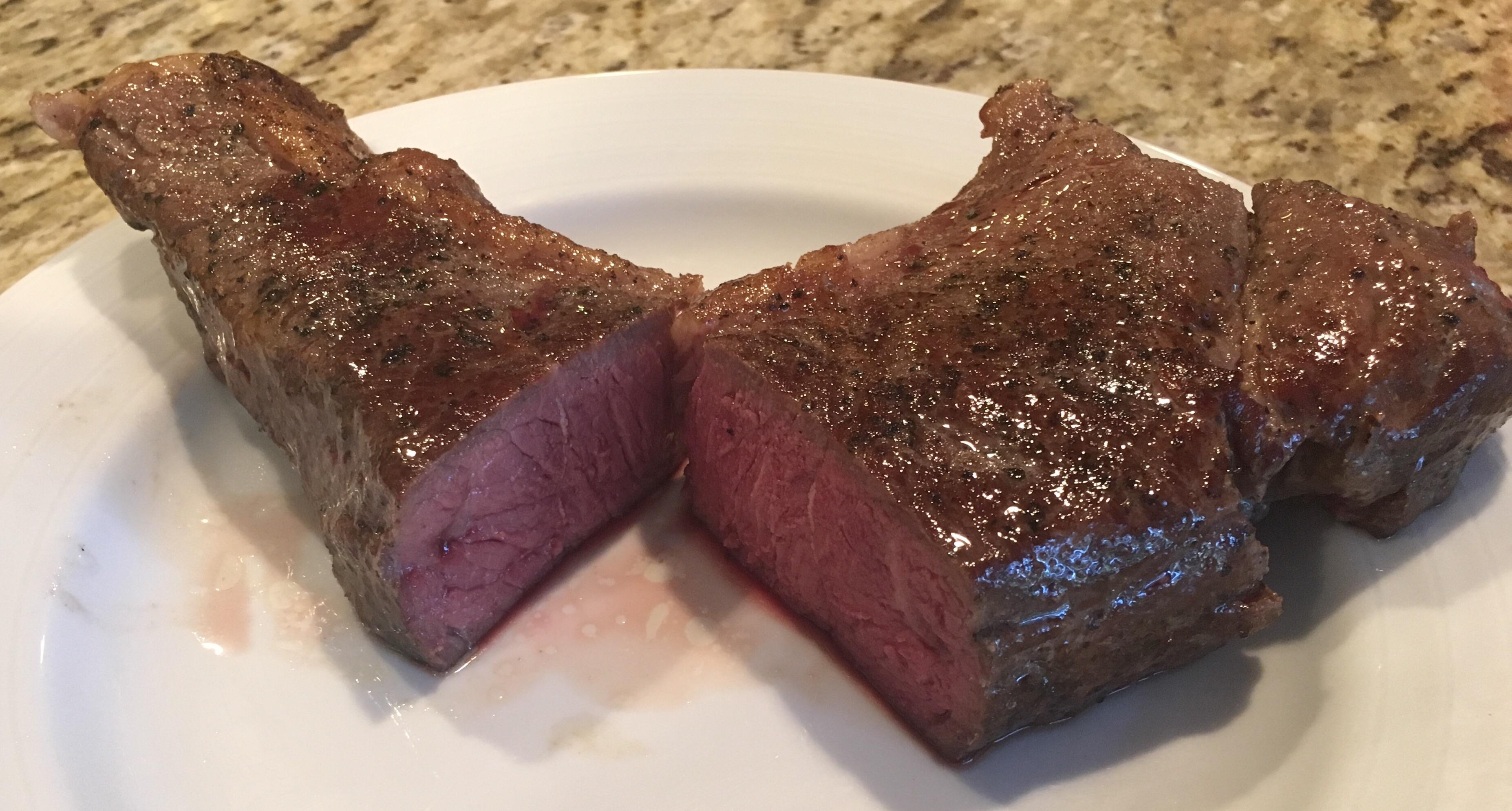 New York Strip at 131F for 2 hours then seared in avocado oil on a cast