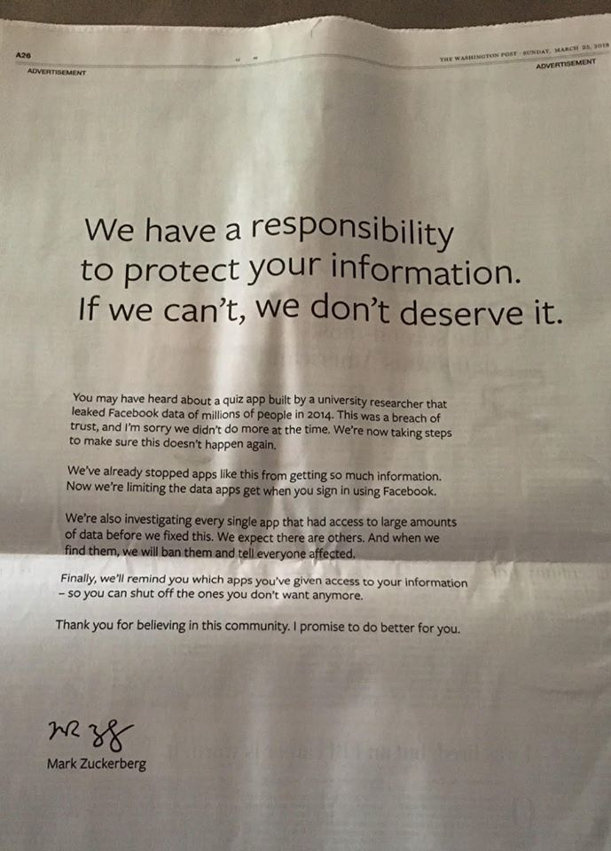 Full page ad by Facebook in the New York Times, Wall Street Journal