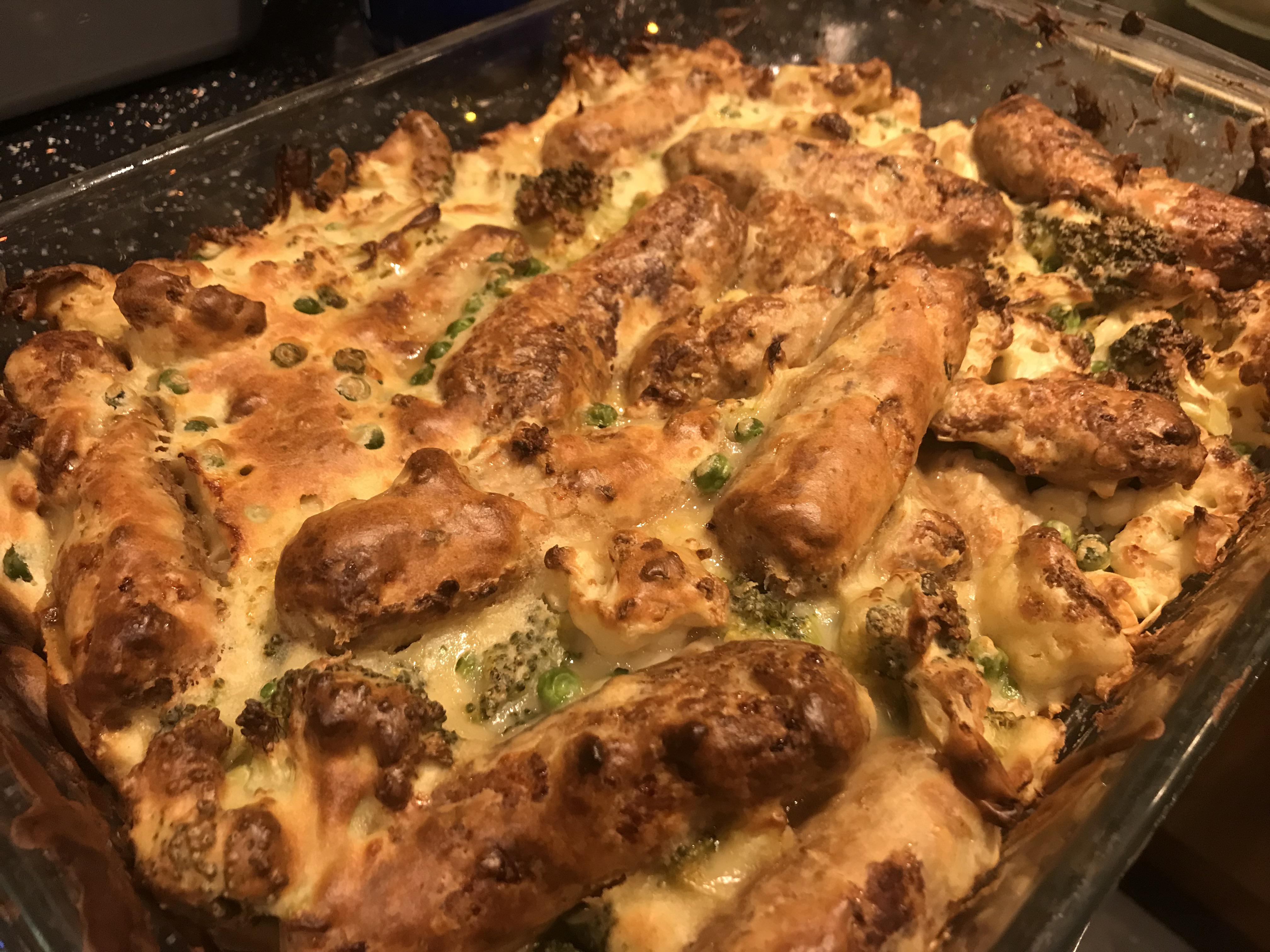 Chunky vegetarian Toad in the hole (veg sausage, broccoli, cauliflower