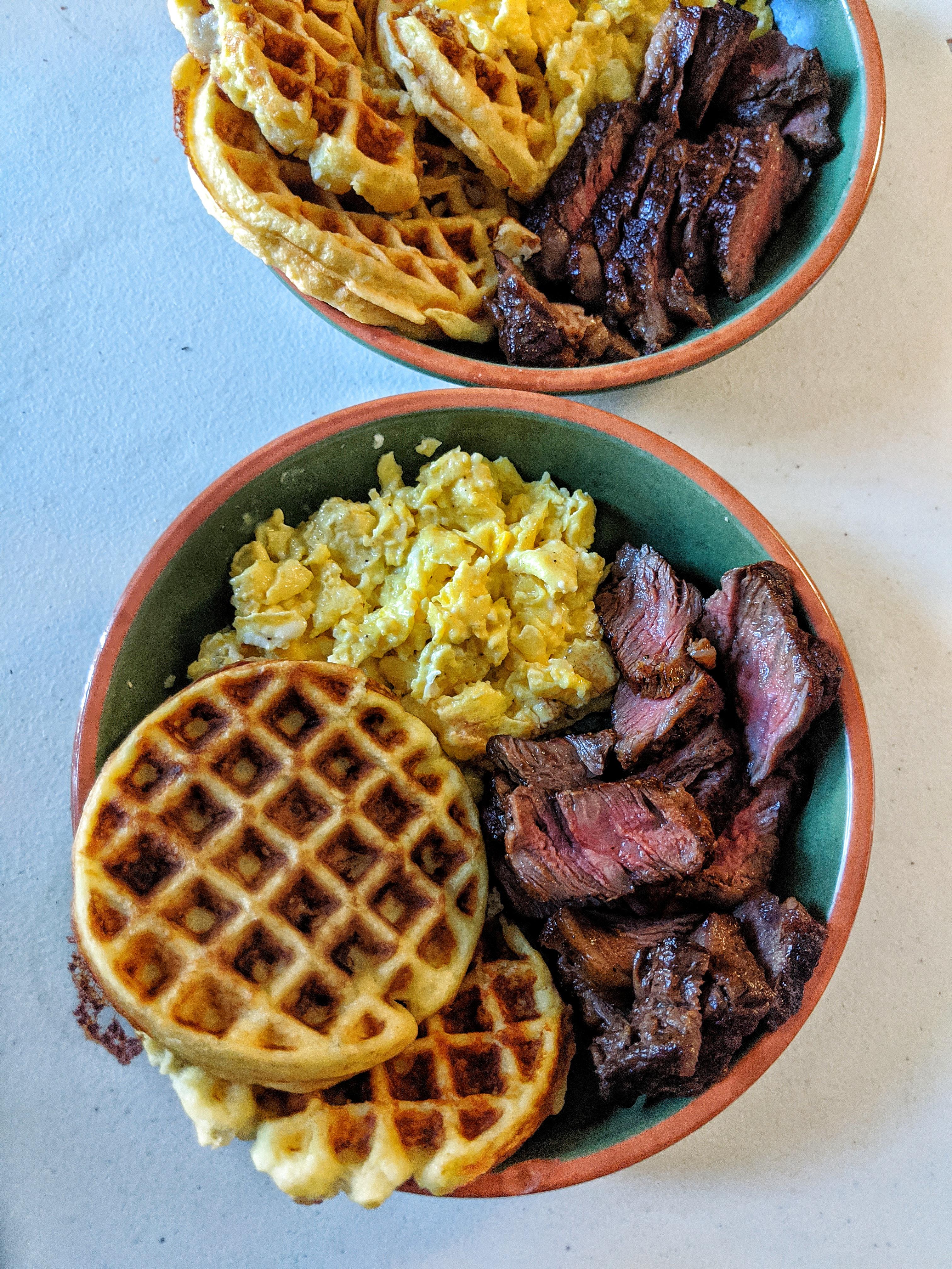[Homemade] leftover mashed potato waffles, creme fraiche scrambled eggs, castiron seared deckle