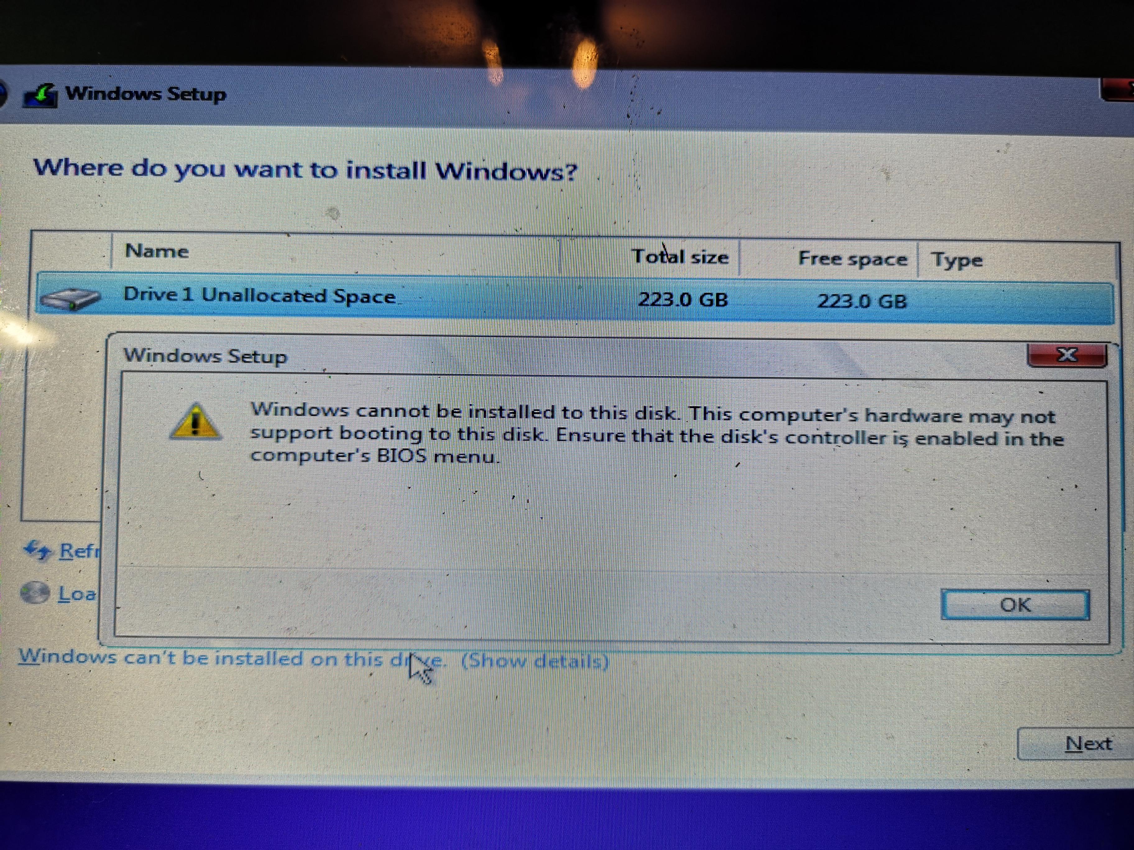 Help installing Windows 10 on a new SSD please! Getting the following