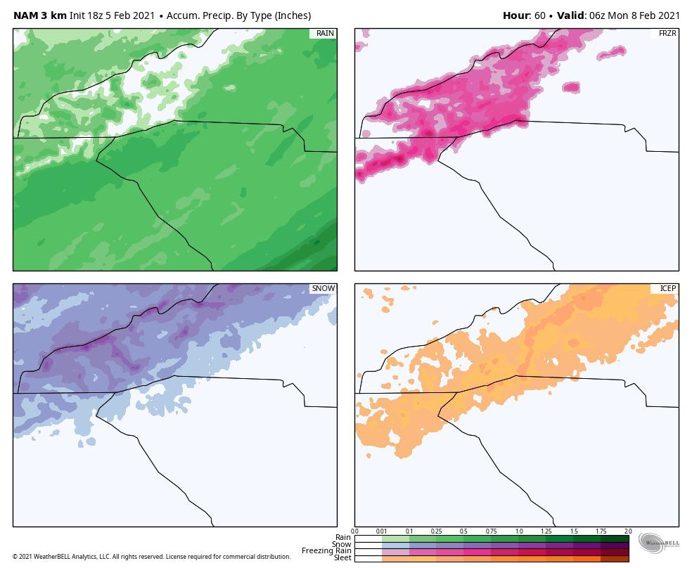 Accumulated precipitation totals by type for this weekend. Green = rain