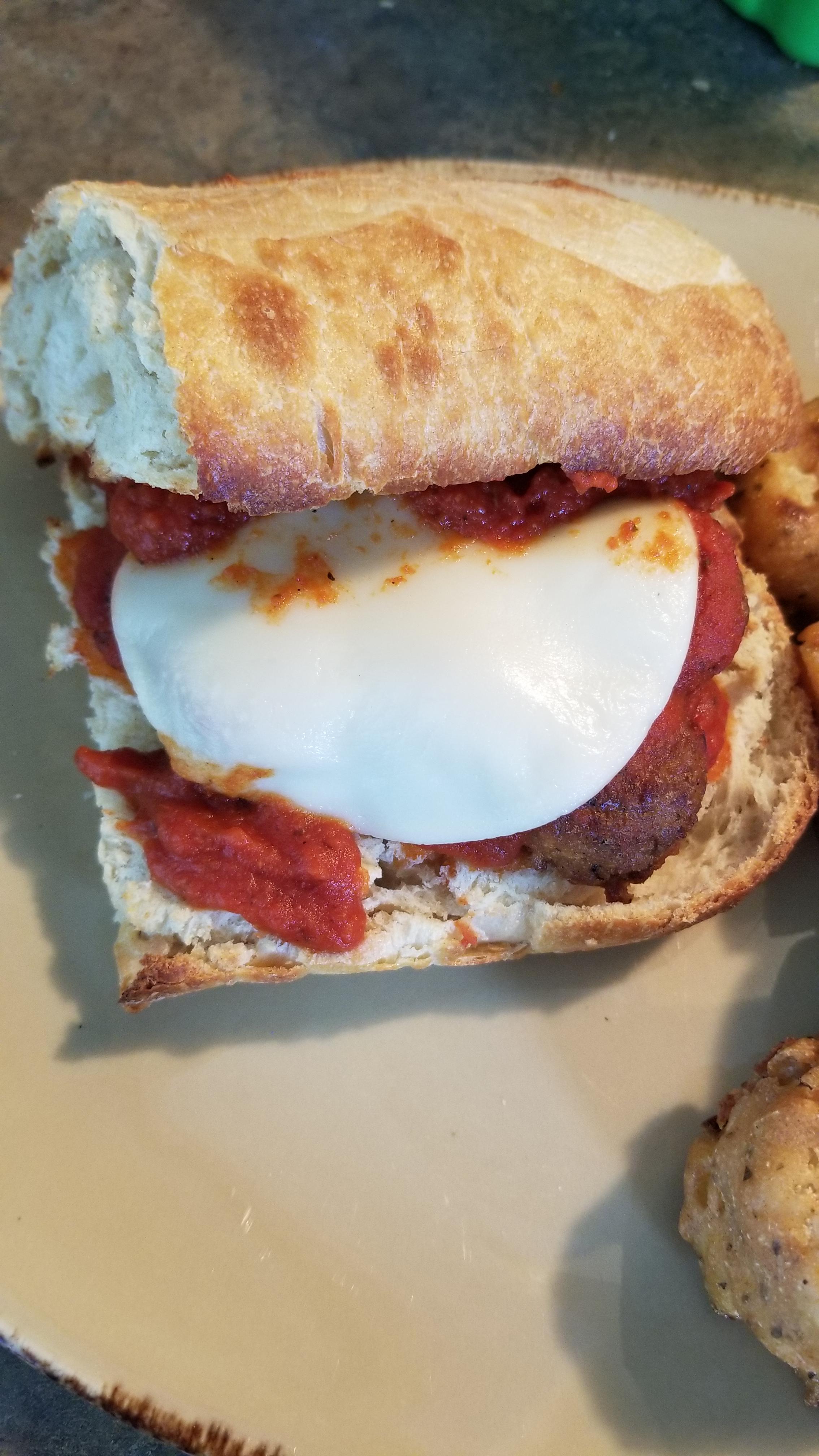 Made wheatball parm sandwiches with Aldi brand vegan meatballs. Aldi's meatballs are definitely