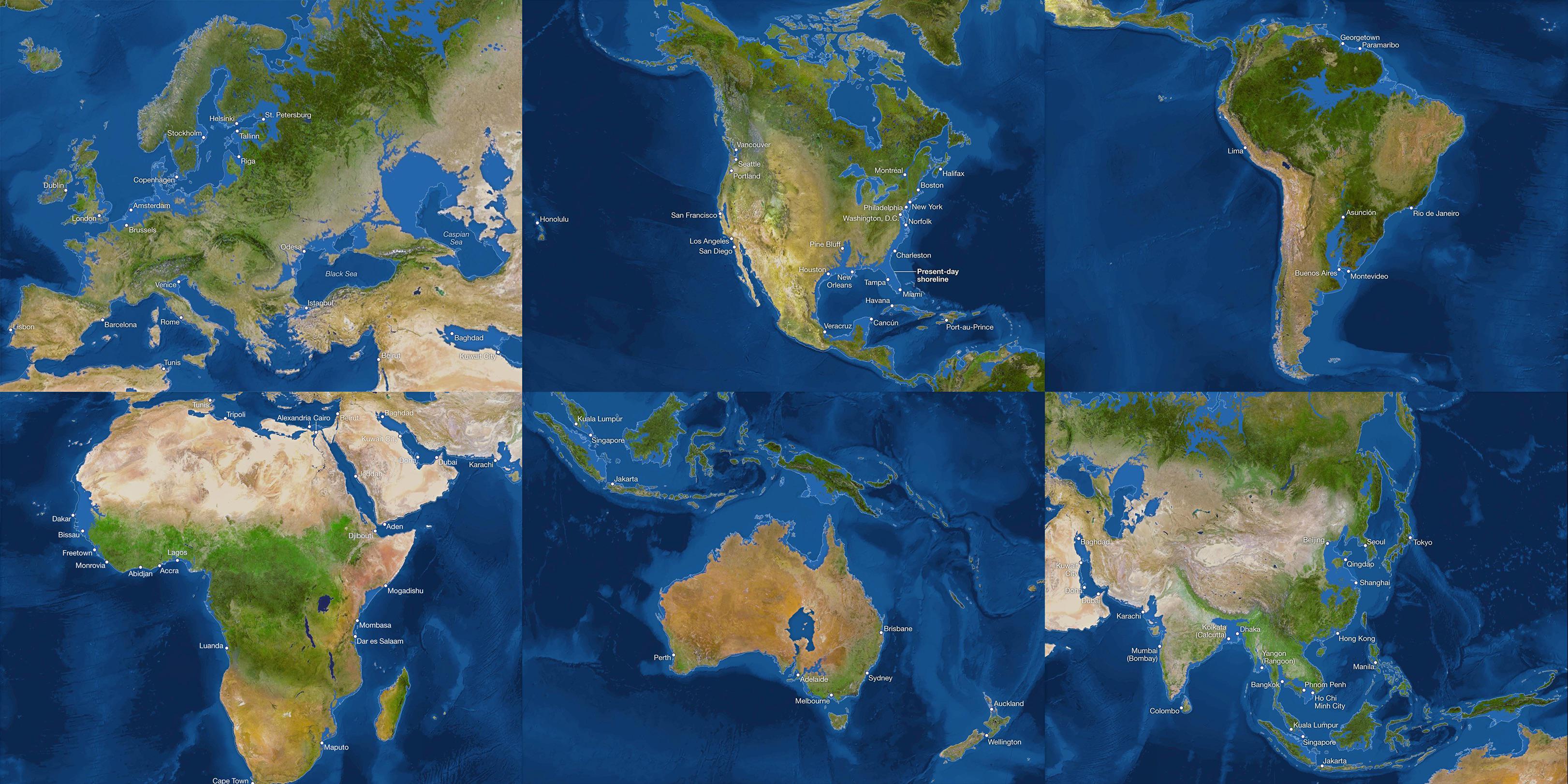 Map of continents if all the ice melted (sea level +67 m)
