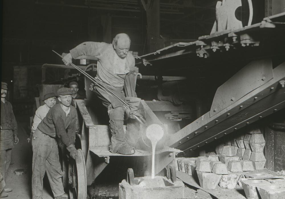 Teeming a crucible of steel at the Colonial Steel Company, Pittsburgh