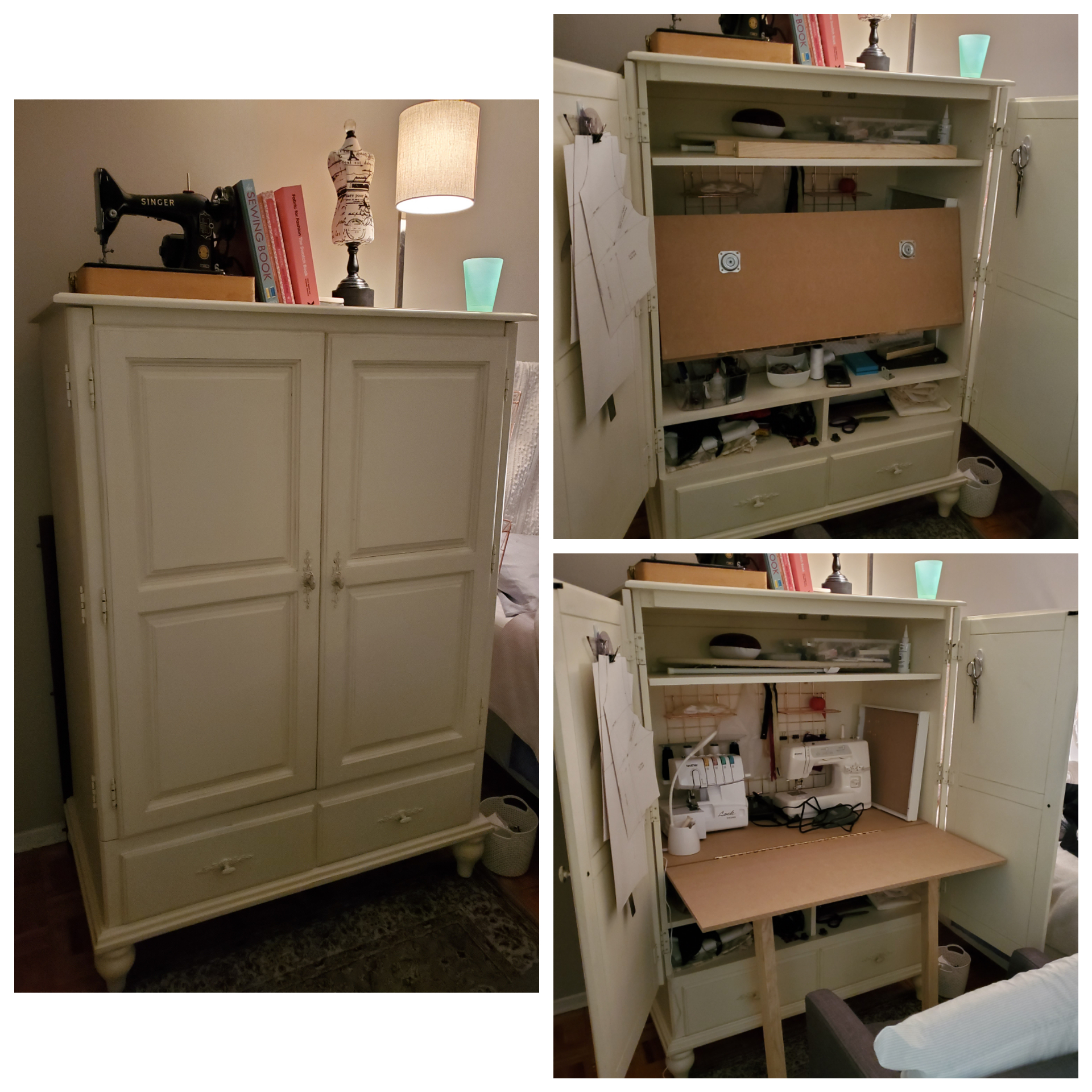 Second hand TV repurposed into a sewing with a drop