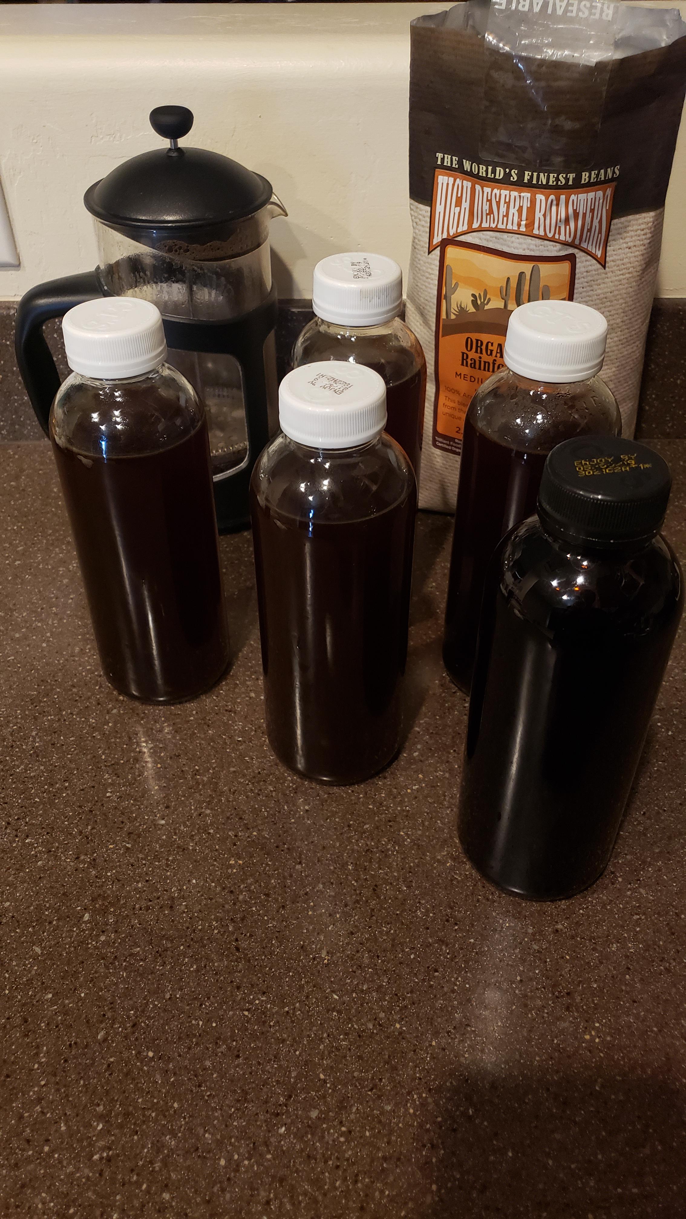 Prepped french press coffee for the week. Used old kombucha bottles to