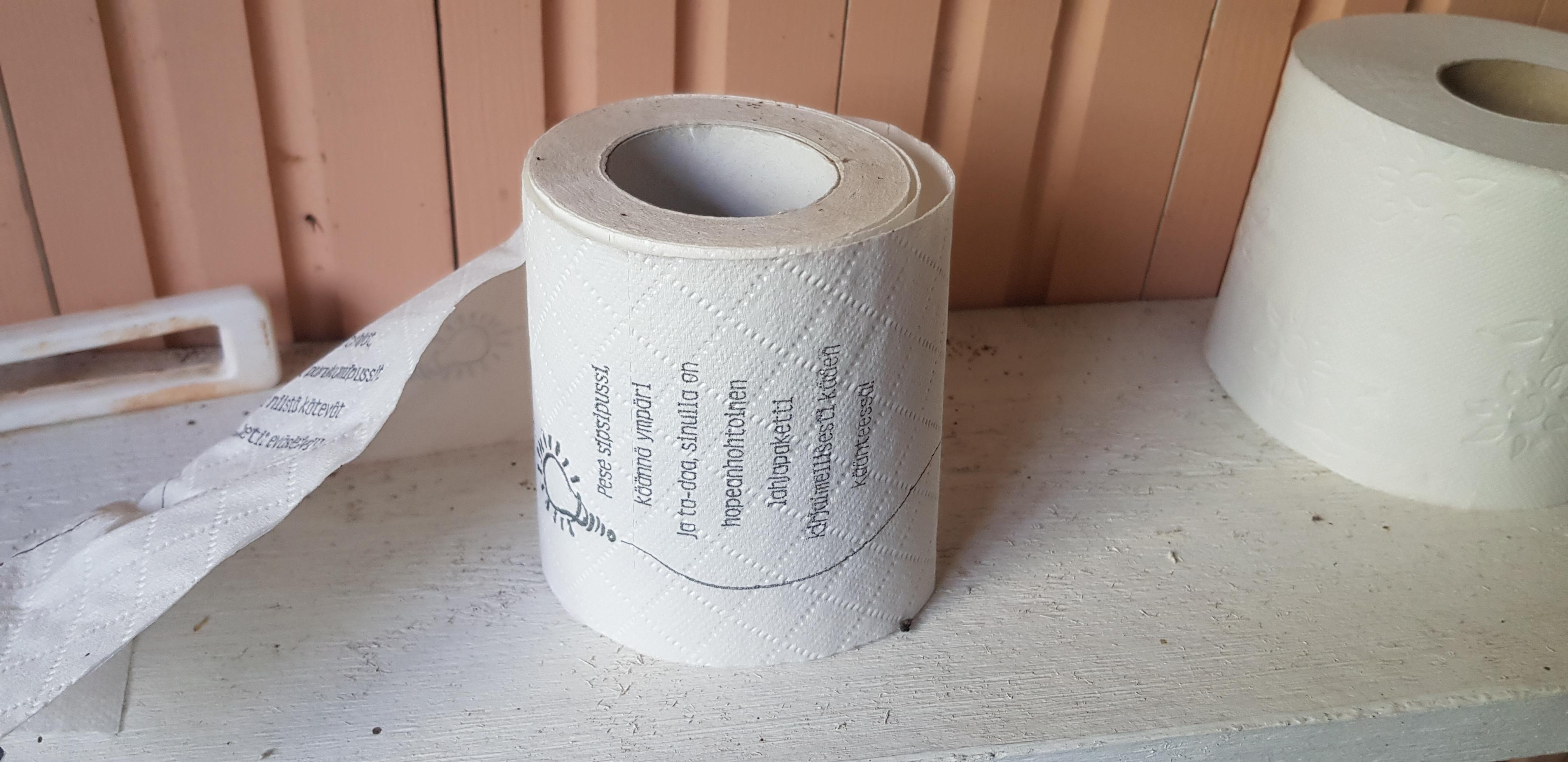 Finnish toilet paper with life pro tips such as "wrap your gifts in