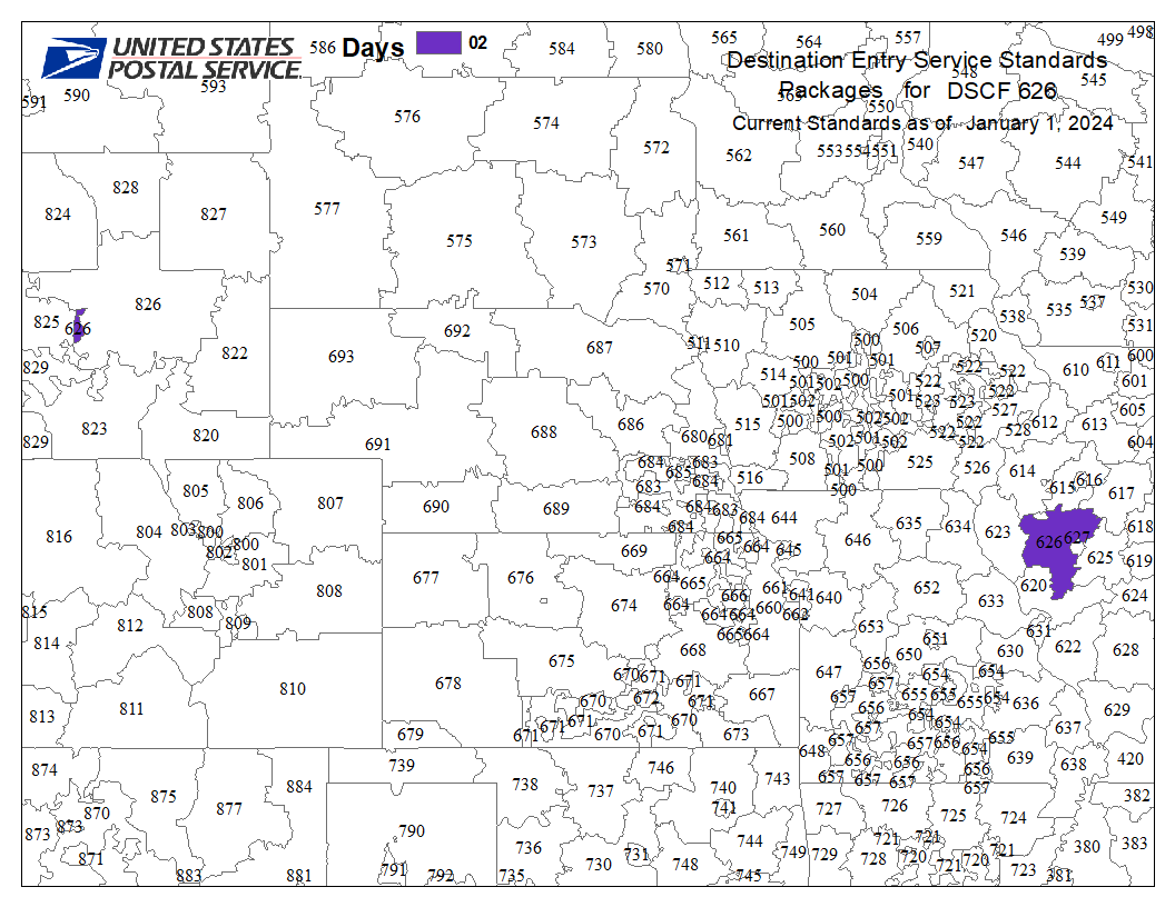 Why does the USPS Service Standard Map show Zip Codes 626XX as being in
