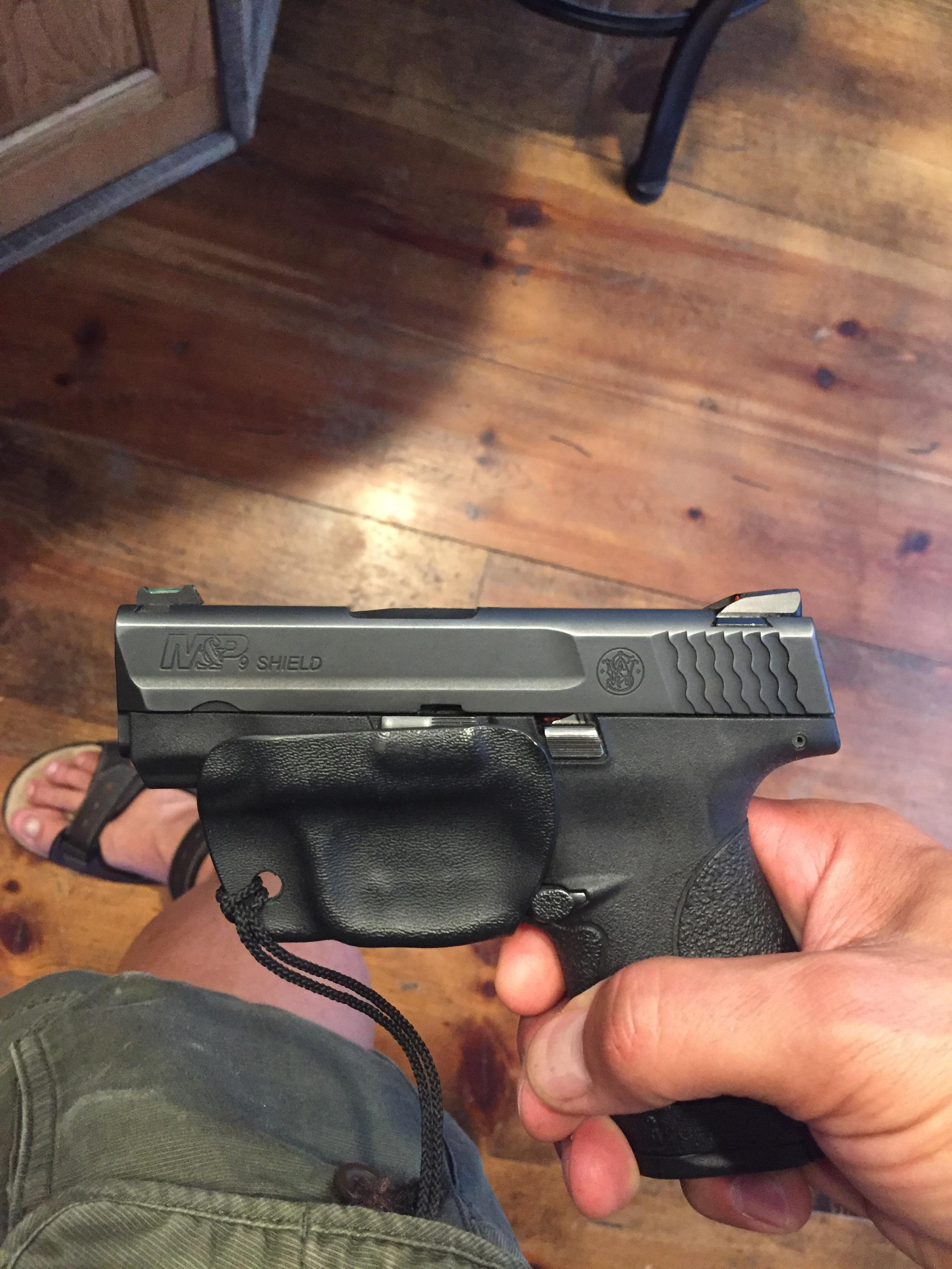 S&W M&P 9 Shield as I carry in my shorts. Snaps out of kydex trigger guard as I draw it out of