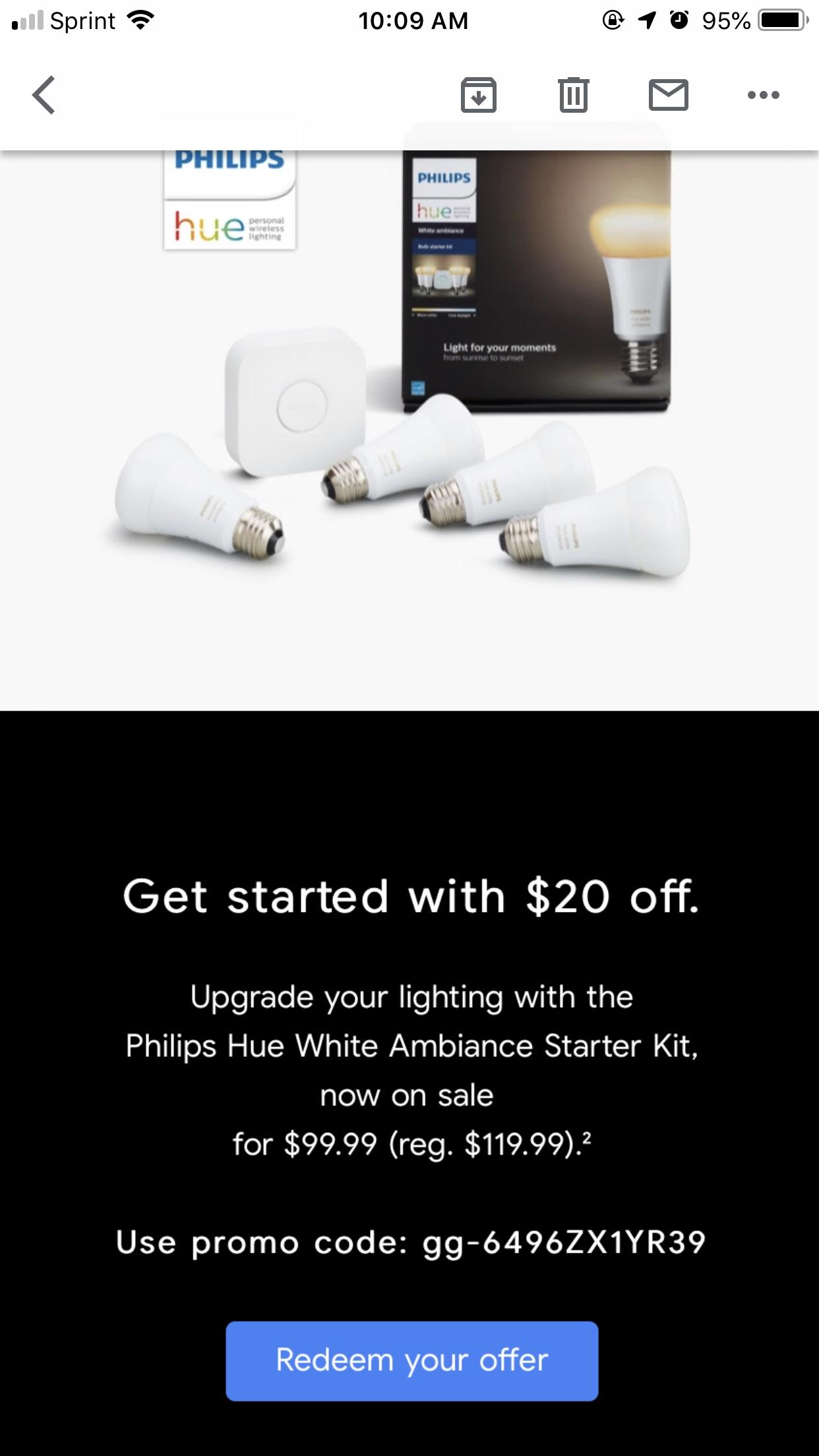 Google sent a discount code for Hue White Ambiance starter kits. (Please comment when claimed