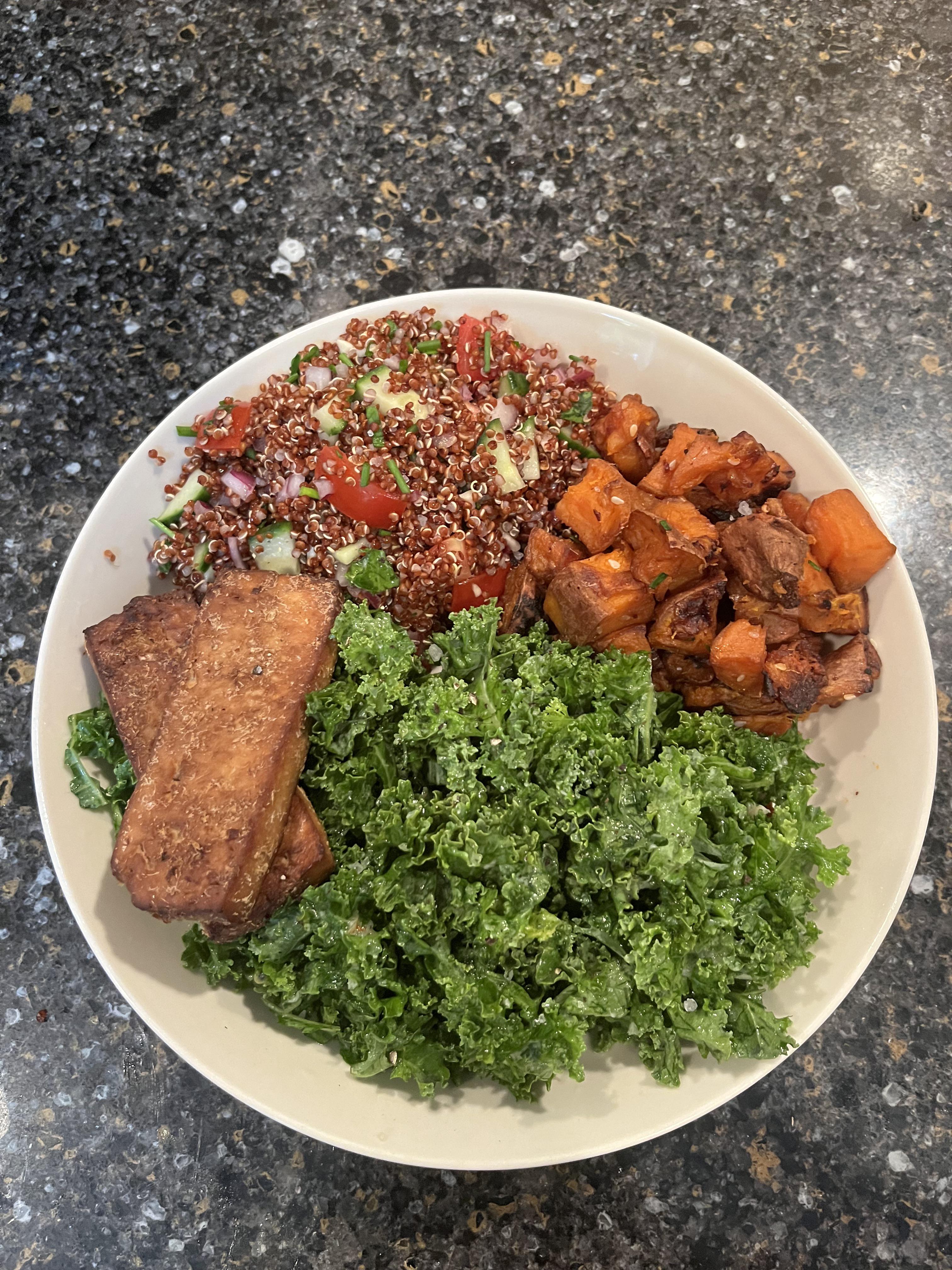 Massaged Roasted Garlic and Lemon Kale Salad, Quinoa Tabbouleh, Ginger