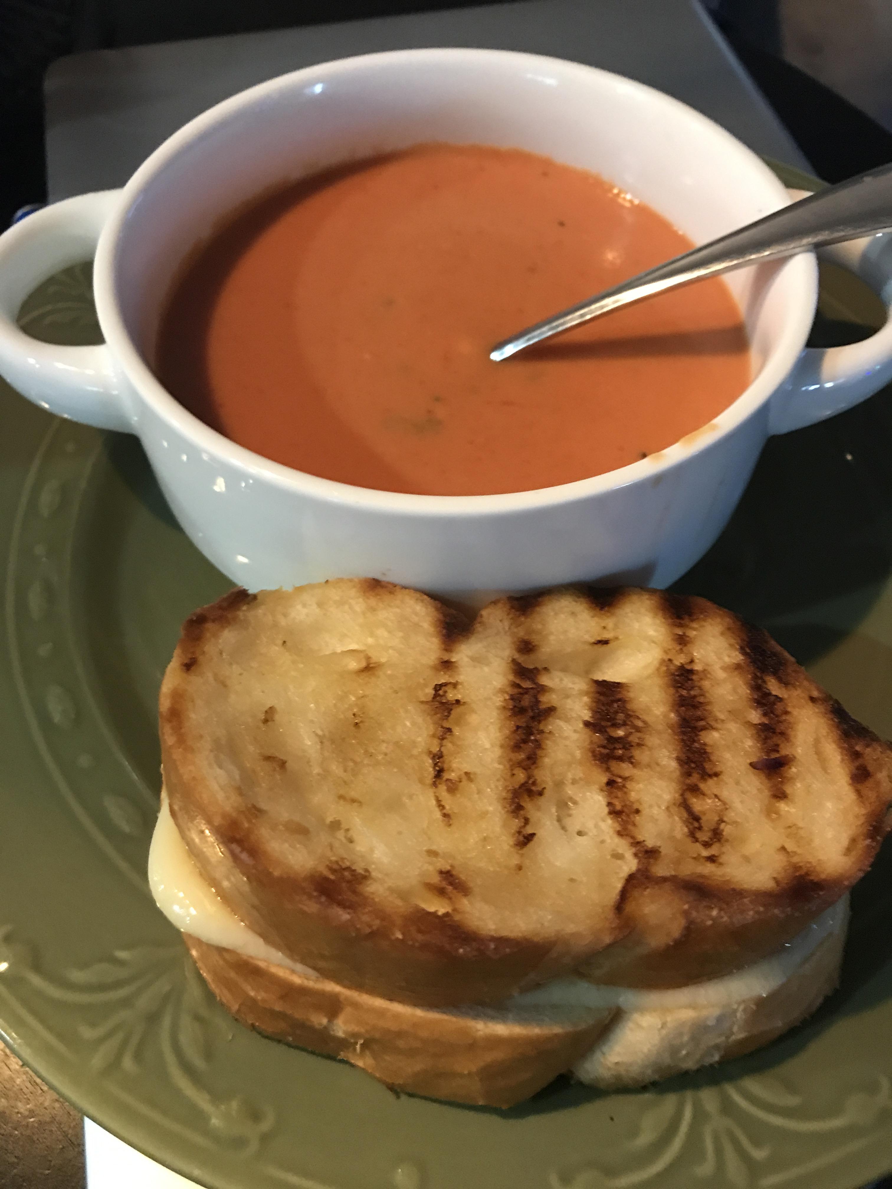 Semihomemade tomato soup and grilled havarti cheese sandwich. My