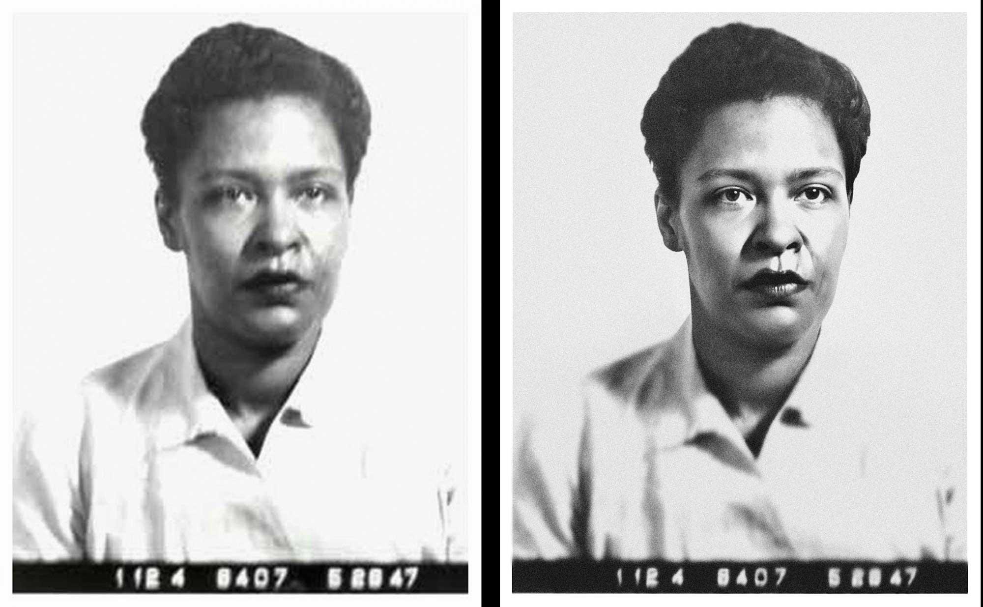 1947 Billie Holiday's mugshot (before/after) estoration