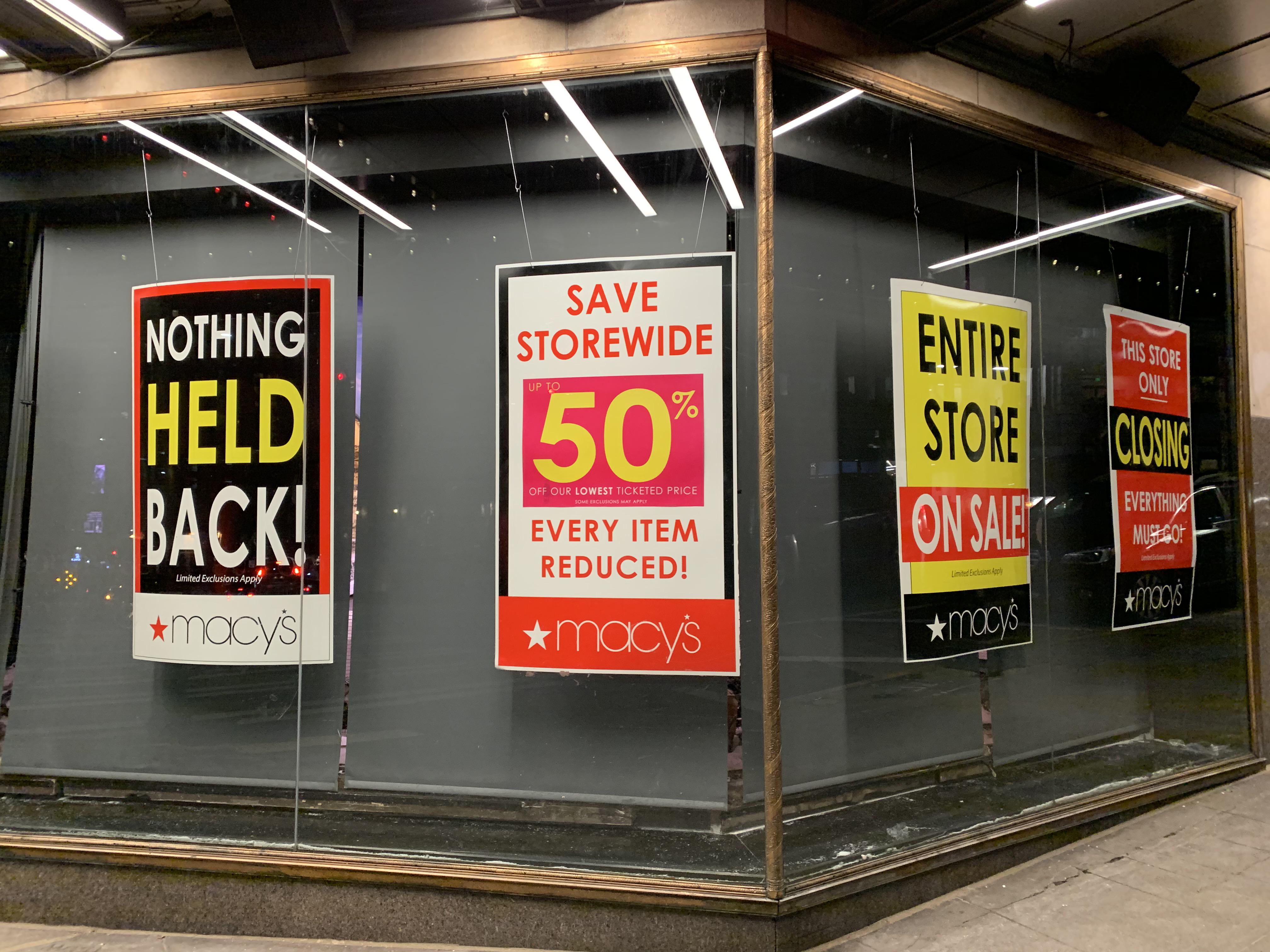 Signage outside the Macy’s location in downtown Seattle that’s closing after 90 years in